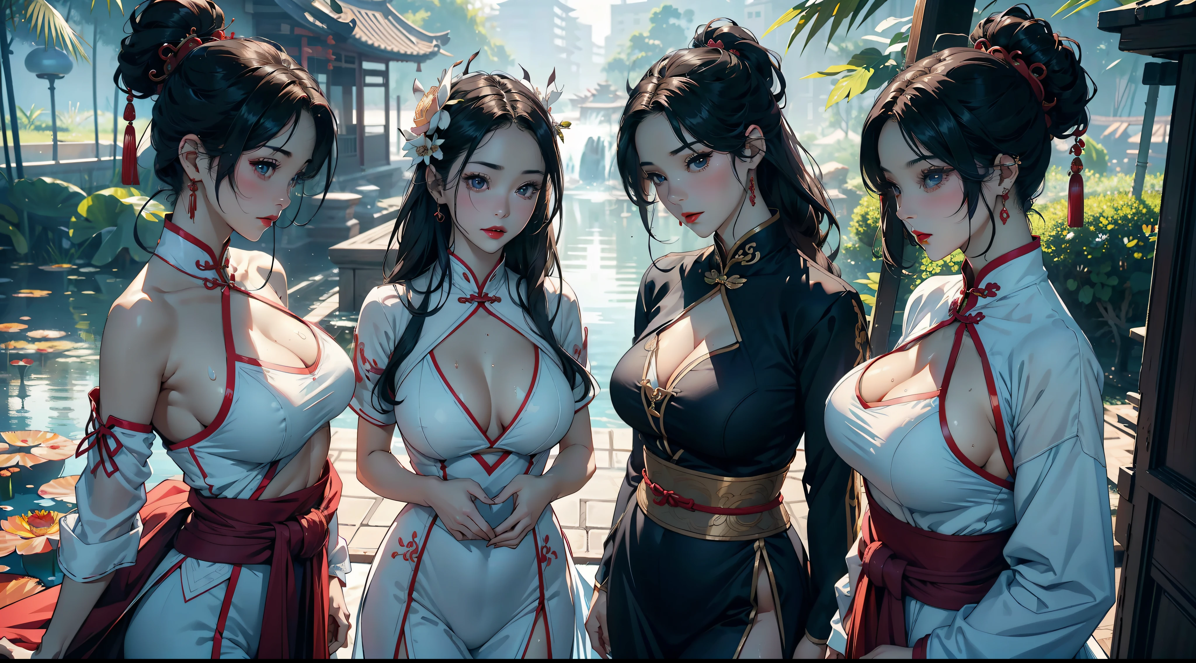 5 females,36 years old,熟妇,mature,Bigchest,Big breasts Thin waist,long leges,Raised sexy,Pornographic exposure, 独奏,Multiple women stand side by side on the bed(Background with:Surrounded by lotus flowers,bamboo forrest,Lotus pond) She has short black hair,Sweat profusely,drenched all over the body,seen from the front, hair straight, mostly cloudy sky,(((tmasterpiece),(Very detailed CG unity 8K wallpaper),best qualtiy,cinmatic lighting,detailed back ground,beatiful detailed eyes,Bright pupils,(Very fine and beautiful),(Beautiful and detailed eye description),Black eyes,Redlip,ultra - detailed,tmasterpiece,)),facing at camera,(The upper part of the body),A high resolution,ultra - detailed),revealing breasts,Bare genitalia, Bulge,legs are open,sexyposture,Camel toes,Flushed complexion,Open-mouthed,frontage,gallant woman,Wuxia style,A ball head,Lotus hair ornaments(Wearing:White transparent cheongsam)The lens goes from top to bottom