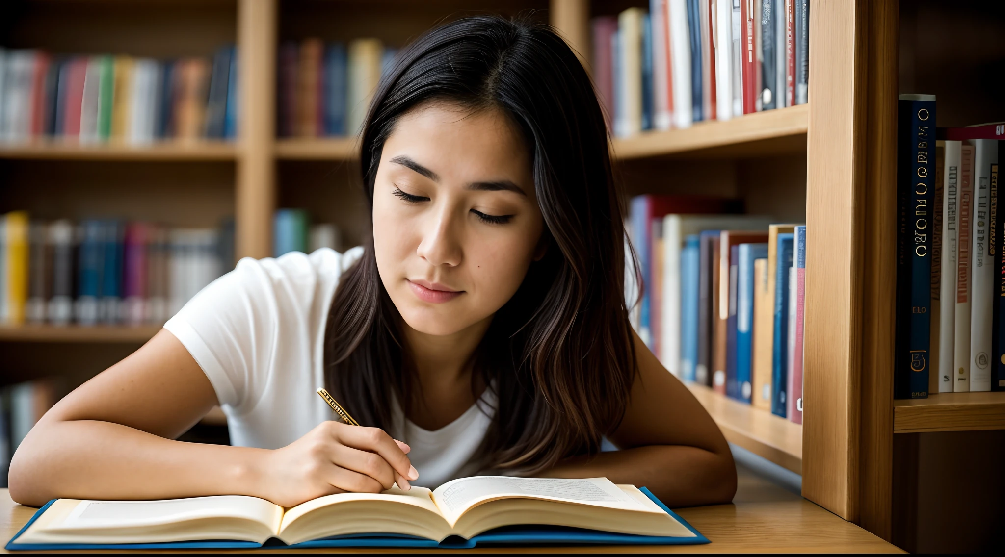 instagram photo, closeup face photo, A thought-provoking capture of a woman reading in a quiet library corner, her connection to the written word an intimate experience, Sony A9 II with 35mm f/1.8 lens, soft ambient light, reflective photography