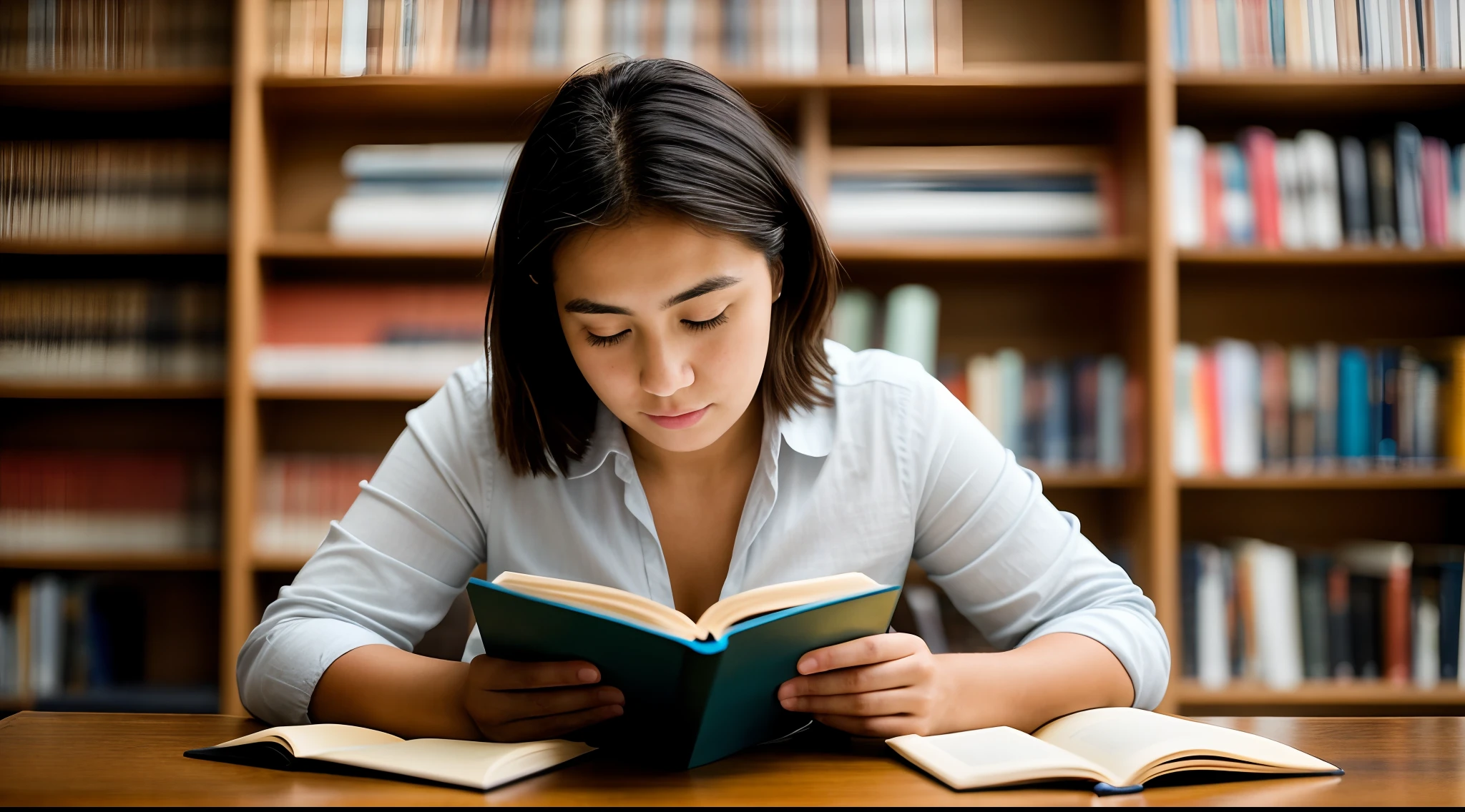 instagram photo, closeup face photo, A thought-provoking capture of a woman reading in a quiet library corner, her connection to the written word an intimate experience, Sony A9 II with 35mm f/1.8 lens, soft ambient light, reflective photography