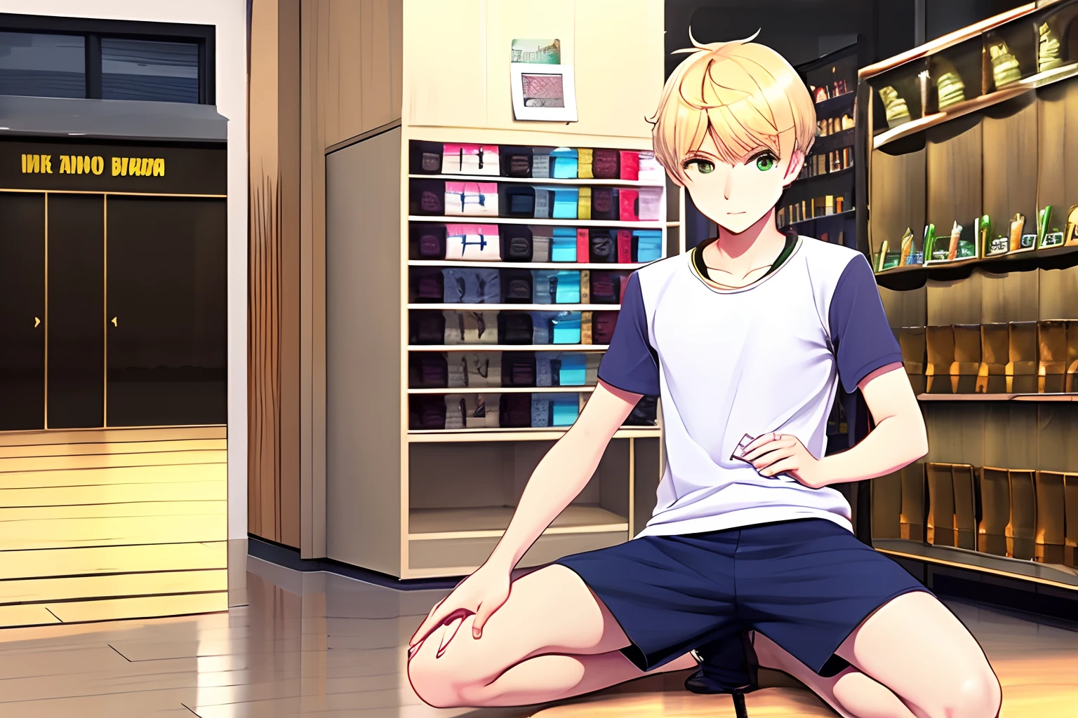 A sixteen-year-old young tanned blonde boy Mika，A sporty figure，Hair cut short around the ears，The bangs are long, Wear a yellow T-shirt and green shorts, Kneeling in a small shop with office supplies, Holding two red notebooks in his hand, Other colorful notebooks were scattered around him