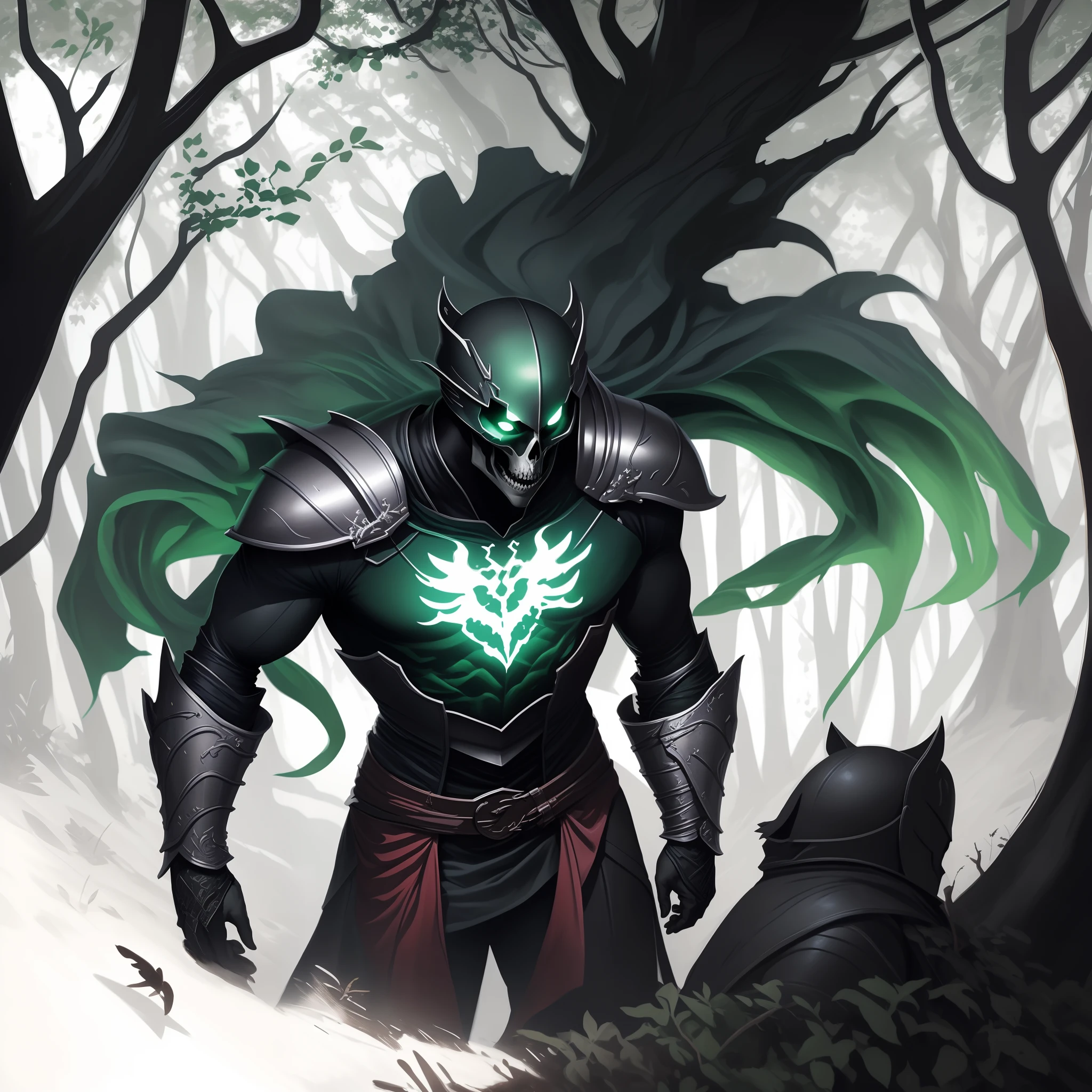 Death in a dark forest with a green sword and armor, but not a skeleton, in full height, artgerm