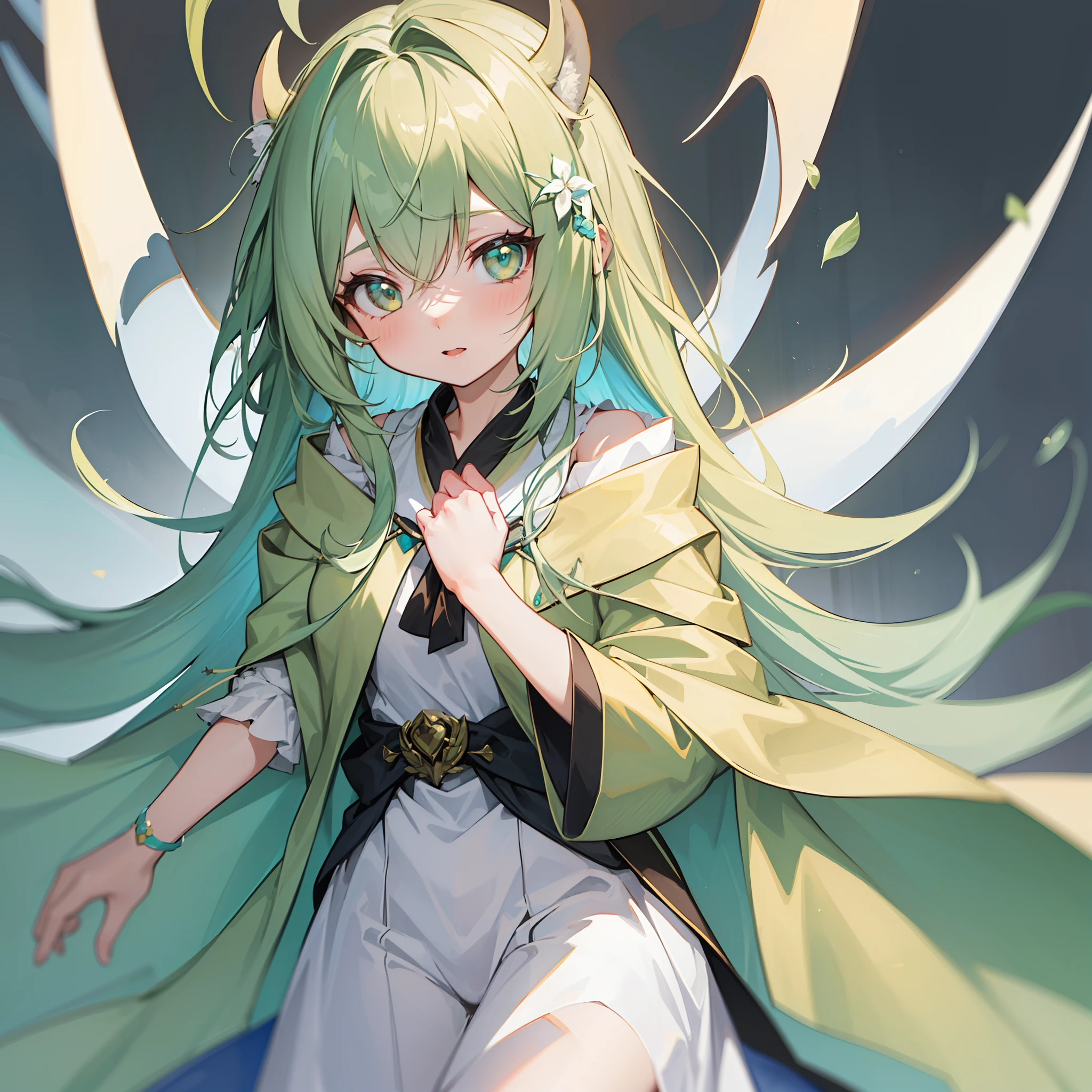 {{Best quality}}, {{Masterpiece}}, {{super ultra detail}}, {{illustration}}, {{Detailed light}}, one-girl,Lime yellow,Gradient, Turquoise eyes, Loli style, beast ear,The robes of the priests