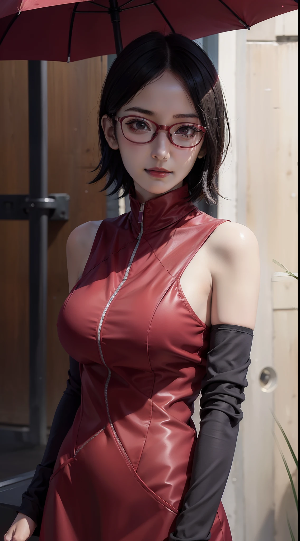 1girl, sarada uchiha in anime naruto, short hair, sexy dress, black hair, red eyes, smile, beautiful, black clothes, wearing glasses red, very big breast, sexy clothes, realistic clothes, detail clothes, indoor background, ultra detail, realistic