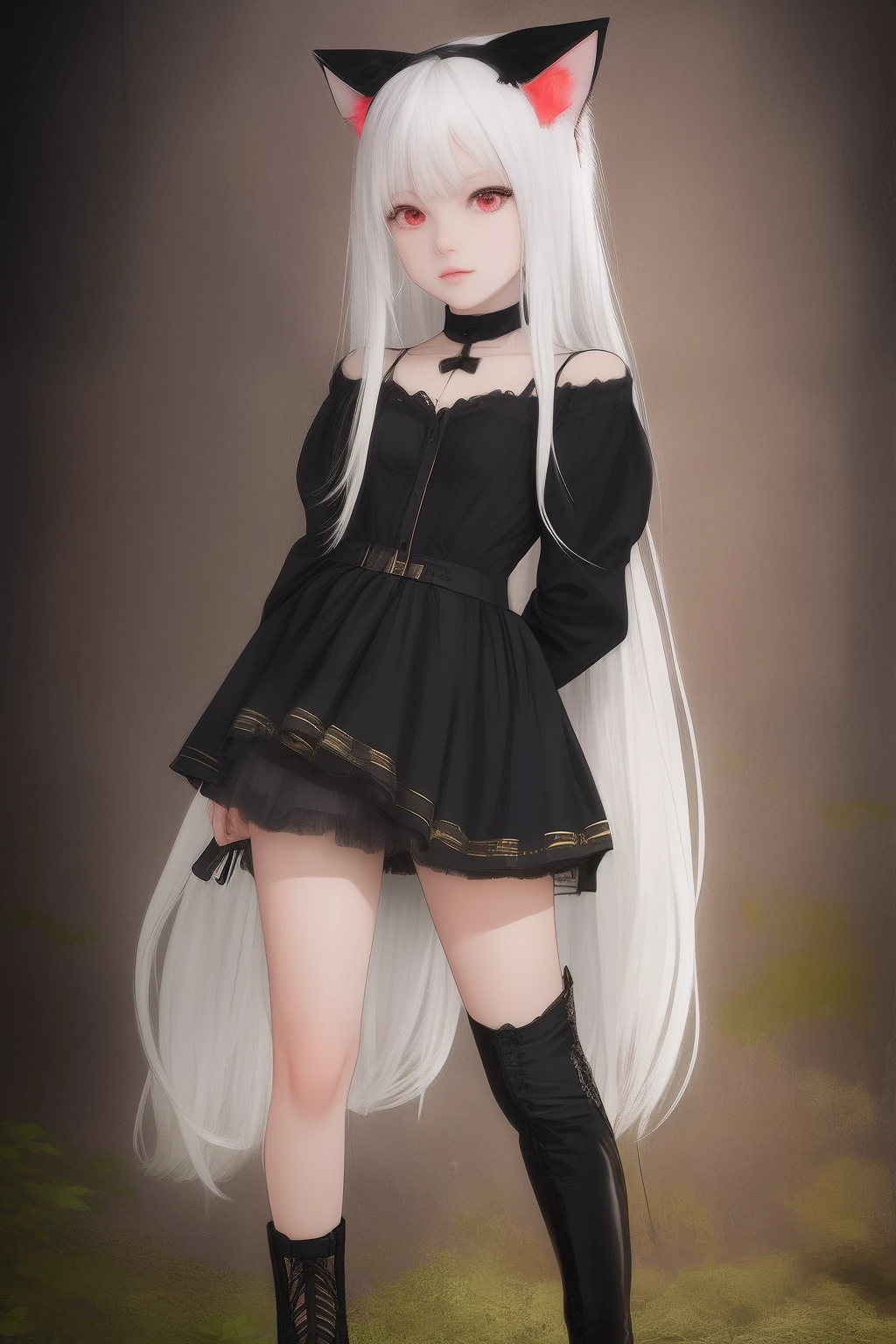 cute white long hair anime cat ear girl,Has red eyes,Dressed in a cute witch costume,A black strap is wrapped around the leg