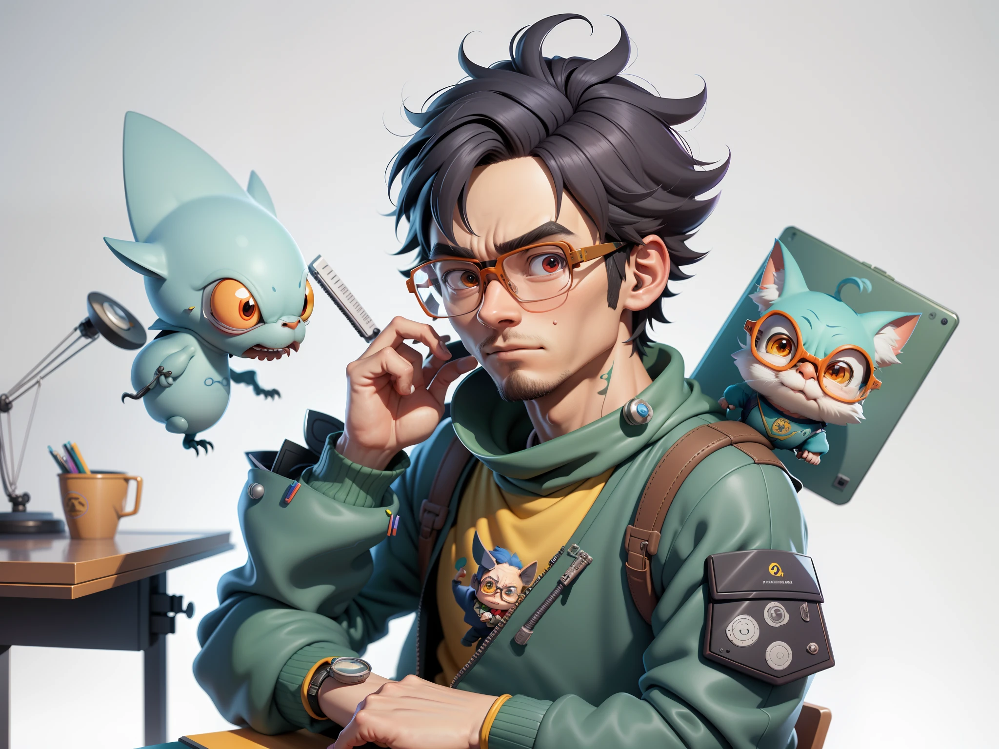 A young man with glasses sits at his desk,holding laptop,digitial painting,3D character design by Mark Clairen and Pixar and Hayao Miyazaki and Akira Toriyama,4K HD illustration,Very detailed facial features and cartoon-style visuals。