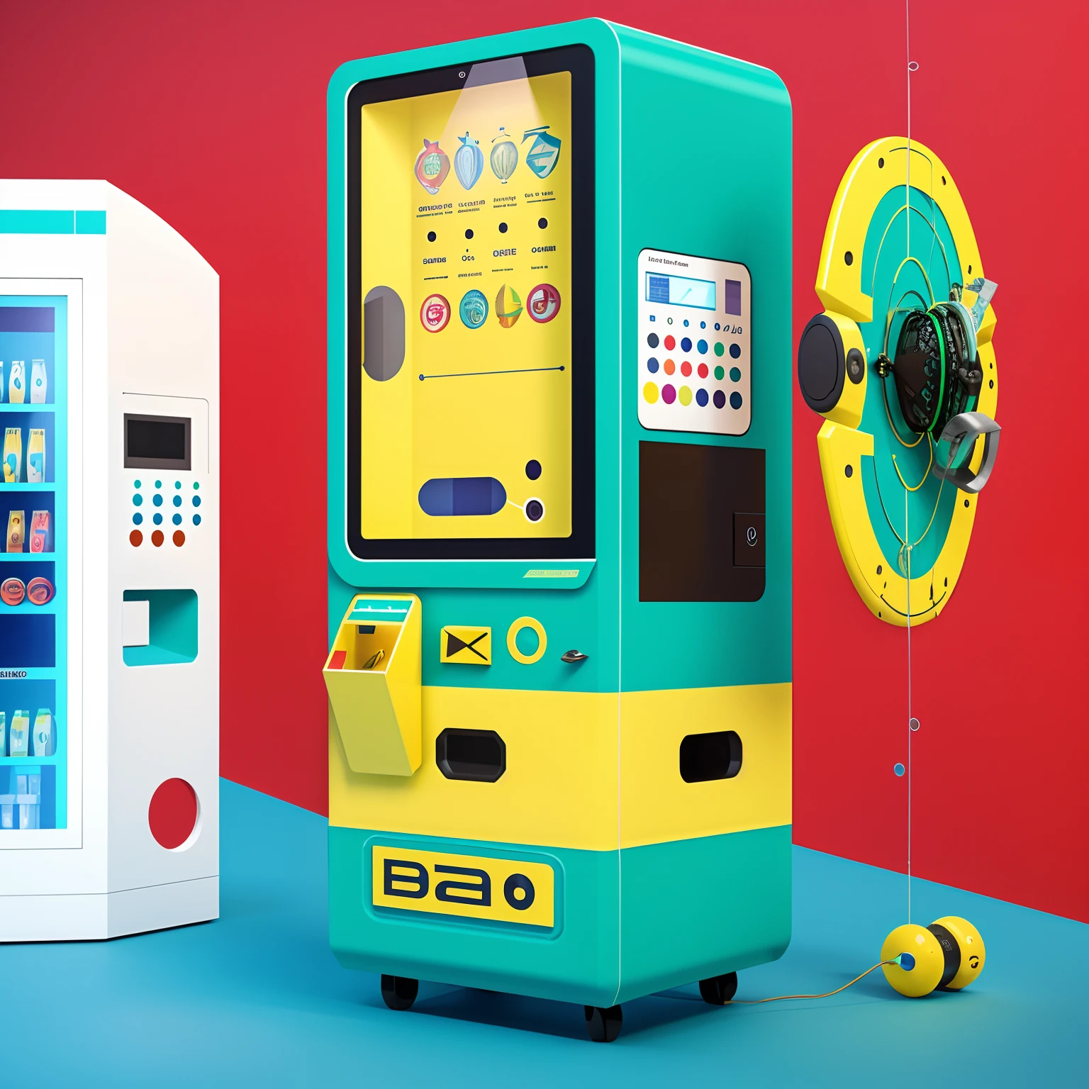 Close-up of fishing gear on display,For example,Star support material assembly,vending machines,sci-fi vending machine,3D product render,Some are more specific, Descriptive scenarios may appear on the computer,por exemplo, Someone went to the vending machine and bought a hook bait,etc,Or describe the scene where something is purchased,Stylistic references attract attention,applied,Represents fashionability,Elements with a strong visual sense,There are reasonable ones on the fuselage, A contextual description of the style element, etc,The overall color is mainly yellow and light cyan,Color distribution is 50 each%,Wish there were more elements,The elements are more diverse,Fewer colors,There are no portraits on the machine,or role,The color is lighter,There are slightly more elements of the fishing class,The design is a little stronger,Two-dimensional points