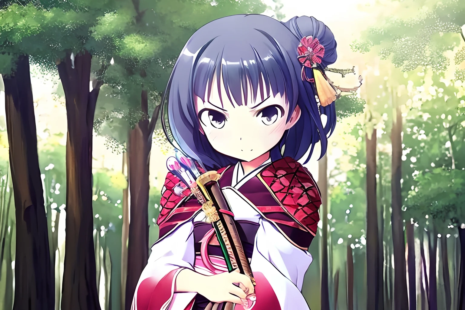 Samurai anime girl in traditional Japanese costume, katana in hand,