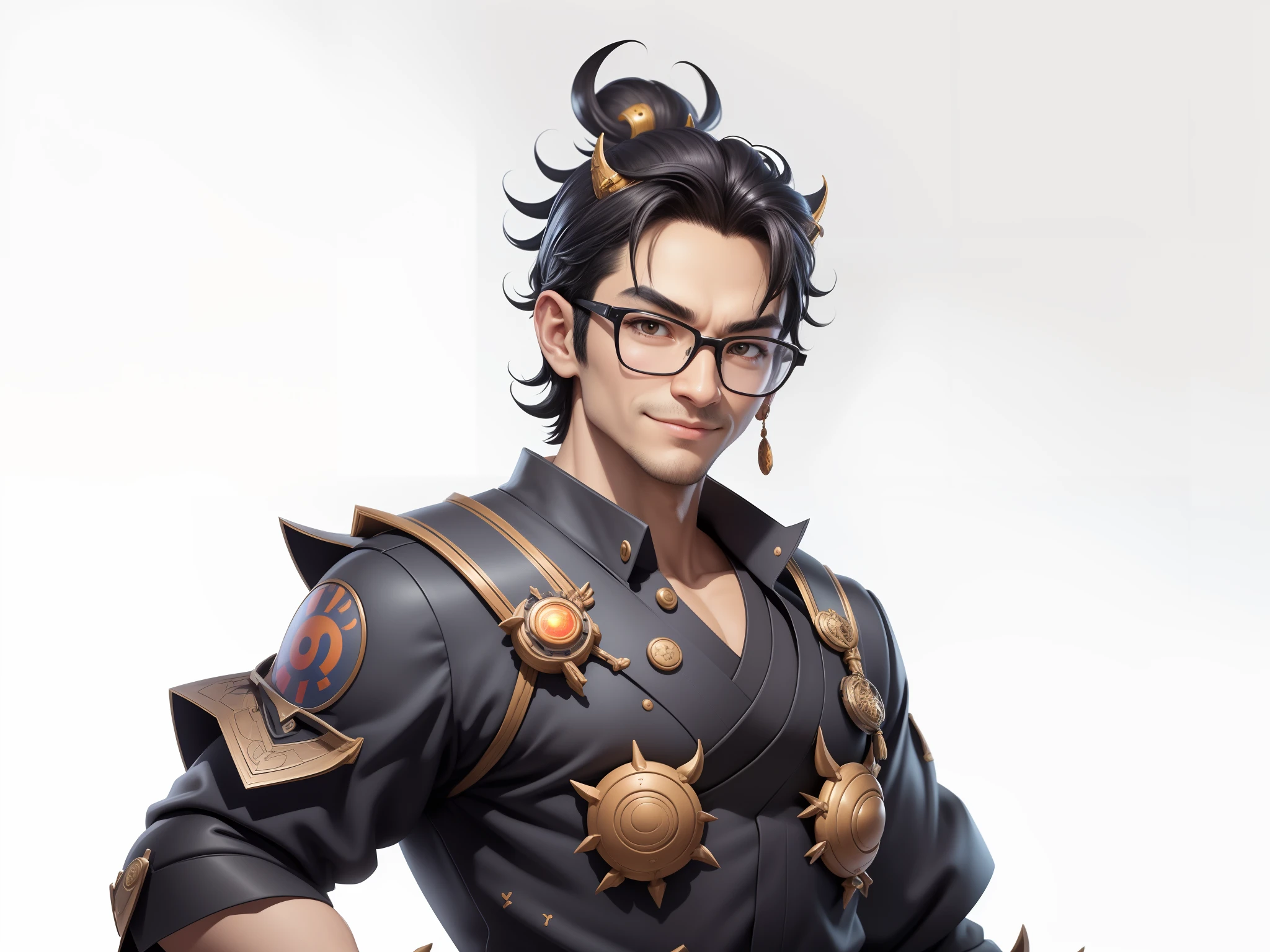 (Masterpiece), (Excellent), (Super Meticulous), (Full Body: 1.2), Super Young Man with Japanese Female Geisha, Pretty, Beautiful, Chinese Dragon, Tiger, Wind God Thor, Sexy, Bursting, Oriental Face, TV Anchor, Bust Portrait Illustration, Black Suit, Blue Tie, Slightly Chubby Face, Silver Glasses, Very Clean Face, No Beard on Chin, Black Super Short Hair, Black Eyes, Confident Smile, 3c Computer Sub-Products, iPad, iPhone, Digital Painting, 3D character design by Mark Clairedon and Pixar and Hayao Miyazaki and Akira Toriyama, the illustrations are HD illustrations in 4K resolution with highly detailed facial features and cartoon-style visuals.
