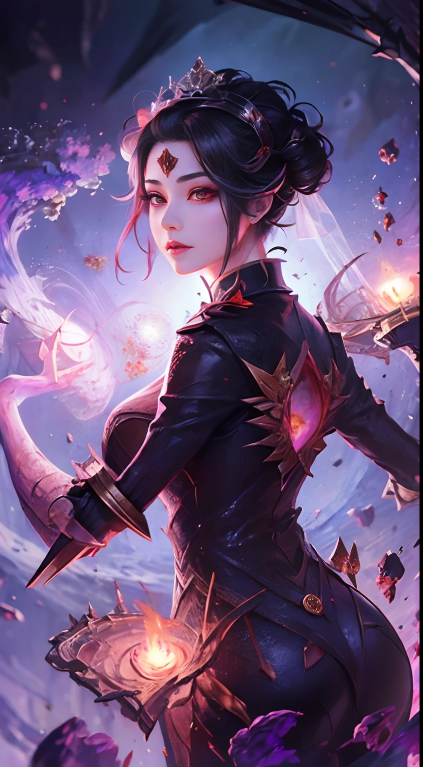 tmasterpiece，Highest high resolution，((Sedan))，Dynamic bust of beautiful Chinese princess，the bride，Jet black hair is elegantly coiled，（(Wearing a huge red crown))，veils，Purple clear eyes，The hair is covered with beautiful and delicate floral craftsmanship, Crystal jewelry filigree，Ultra-detailed details，upscaled。