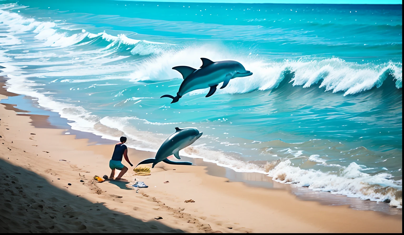 On a sandy beach，A teenager is beating someone。And a dolphin。And one more is kowtowing。