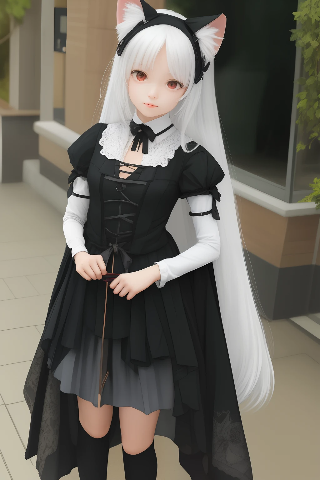 12 year old cute white long hair anime cat ear girl，Has red eyes，Dressed in a cute witch costume，A black strap is wrapped around the leg