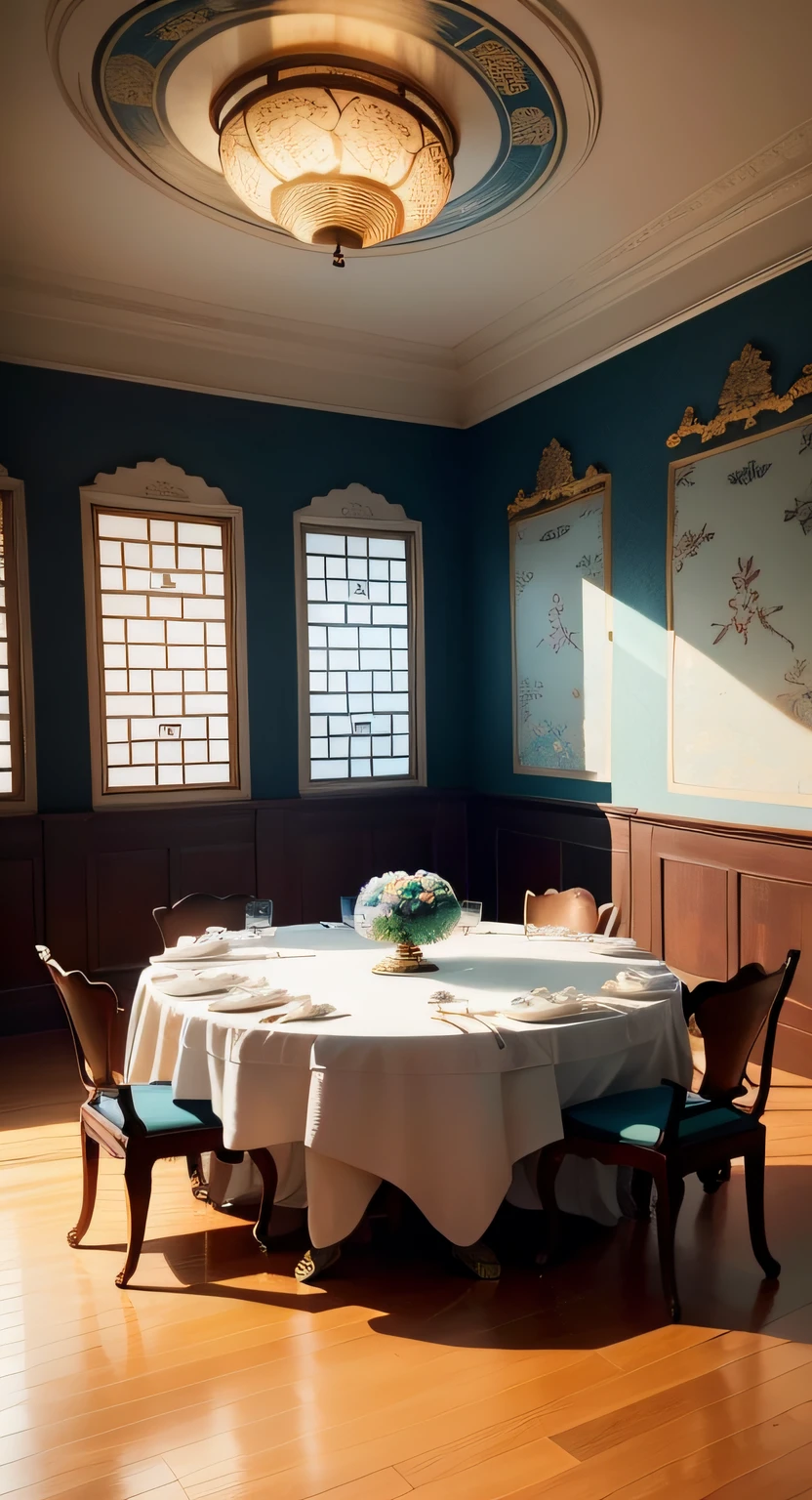 There is a room with a round table and a ceiling with a skylight, The whole room is bright blue,Light enters from many sides,with ancient chinese aesthetic, Chinese style, asian interior decoration, chinoiserie wallpaper, beautiful aesthetic design, exquisitely ornate, chinoiserie pattern, elegant and ornate, oriental art nouveau, neo - classical style, elegant and extremely ornamental, ornate and elegant, ornate and flowing, wonderful masterpiece