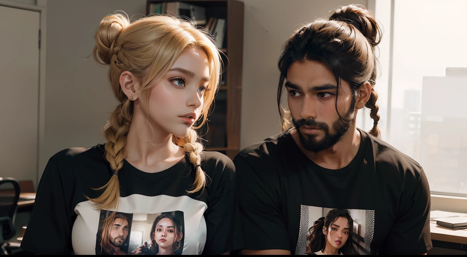 Epic style photo in an office room, a 30-year-old brown brown man, Very short, bearded hair wearing a black men's T-shirt and a gorgeous 20-year-old blonde woman with a double space bun style hairstyle and double braids that fall from her shoulders over her breasts wearing a black T-shirt.