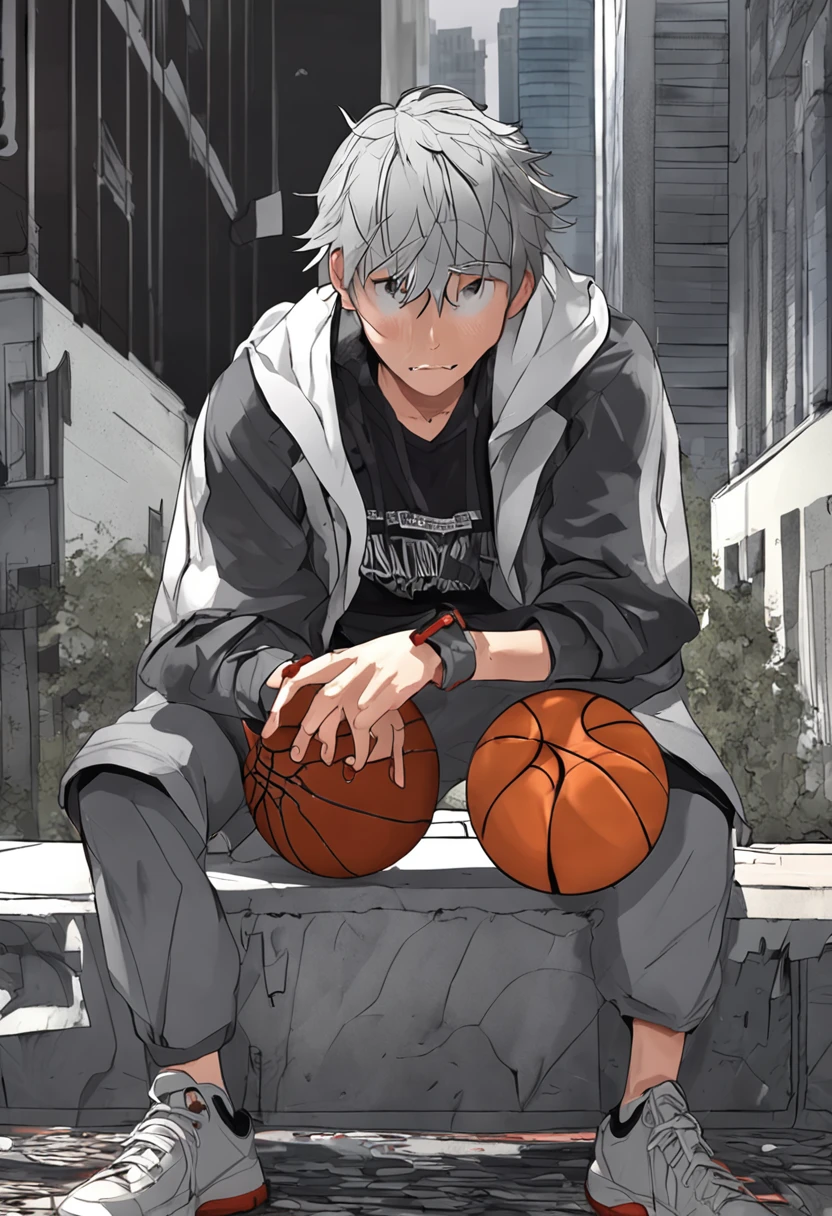 Gray hair，Black and white suspenders，Gray trousers，Playing the Basketball,20-year-old man,Split head