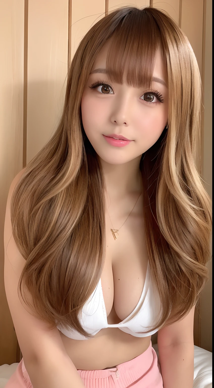 4K、Raw photo、Photoreal Stick、hight resolution、Cute chubby 18 year old woman in Japan ,（fatness）、huge tit、Face like an idol、skin tanned、Golden brown hair　With bangs、Longhaire、Cute Real Photo Girl、gyaru fashion、relaxed on bed