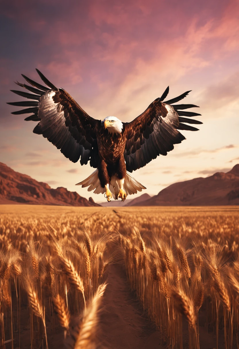 Flying Eagle from the front camera, Holding wheat from both hands.