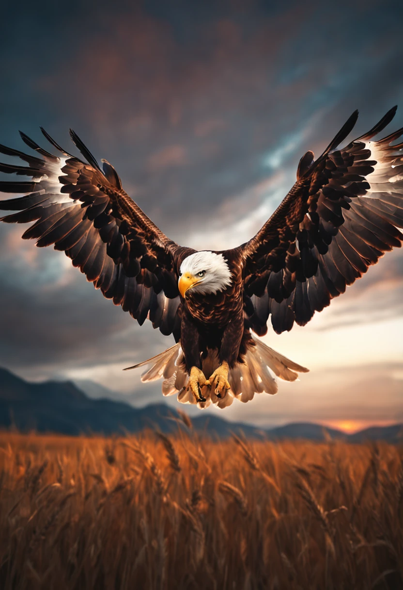 Flying Eagle from the front camera, Holding wheat from both hands.