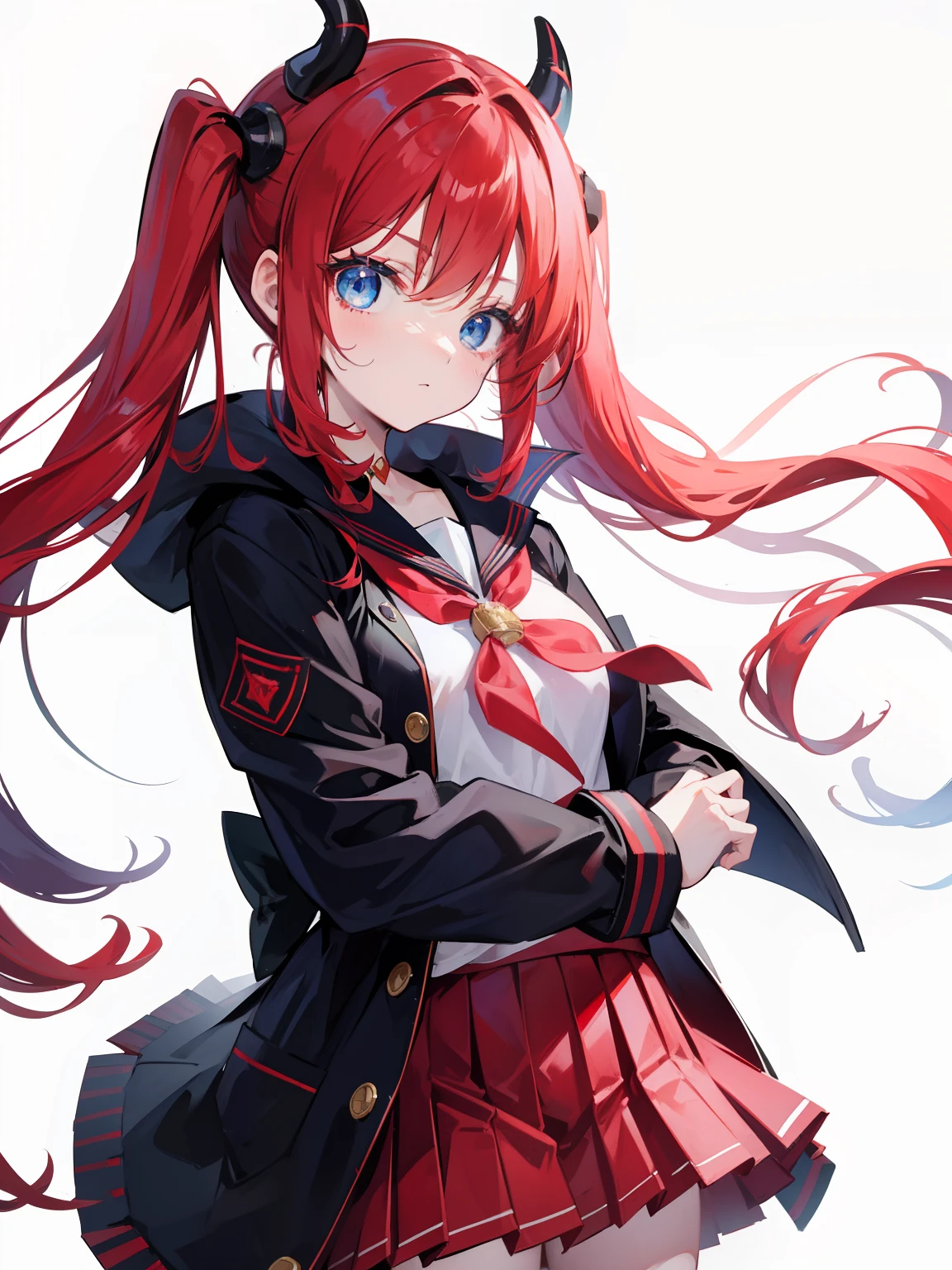 red hair, blue eyes, twintails, Sailor suit,black coat, Pleated skirt,solo,li,cute,bow,Dragon horns