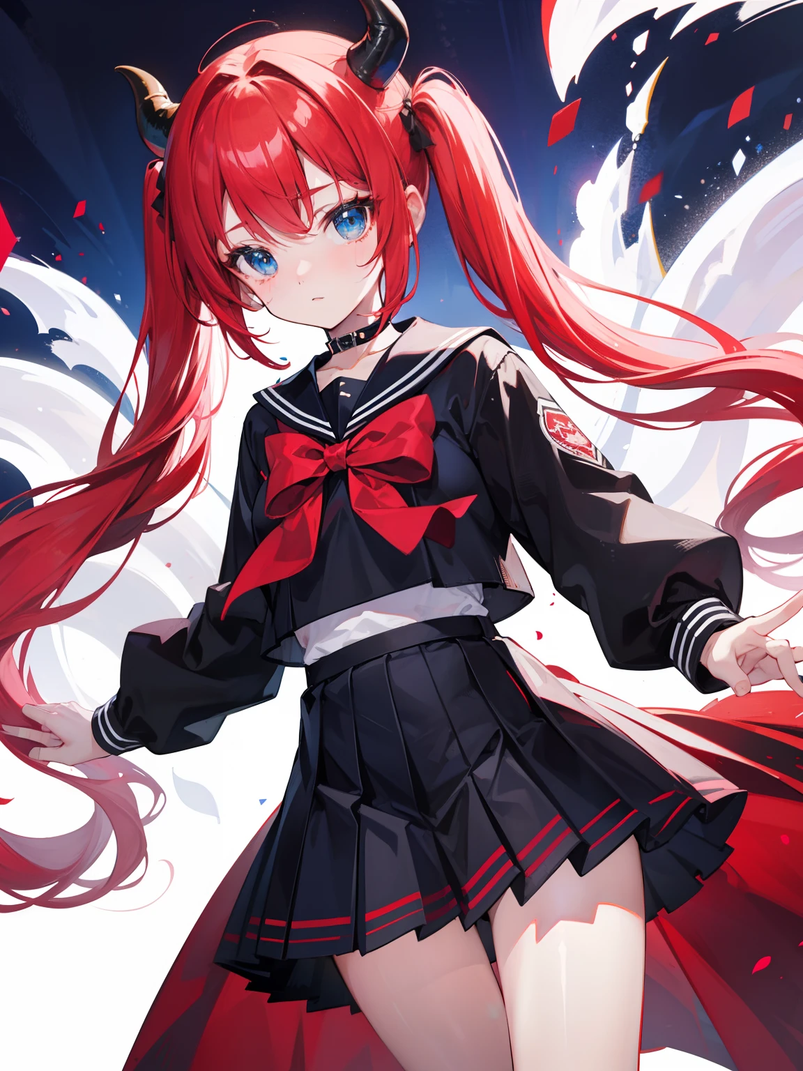 red hair, blue eyes, twintails, Sailor suit,black coat, Pleated skirt,solo,loli,cute,bow,Dragon horns