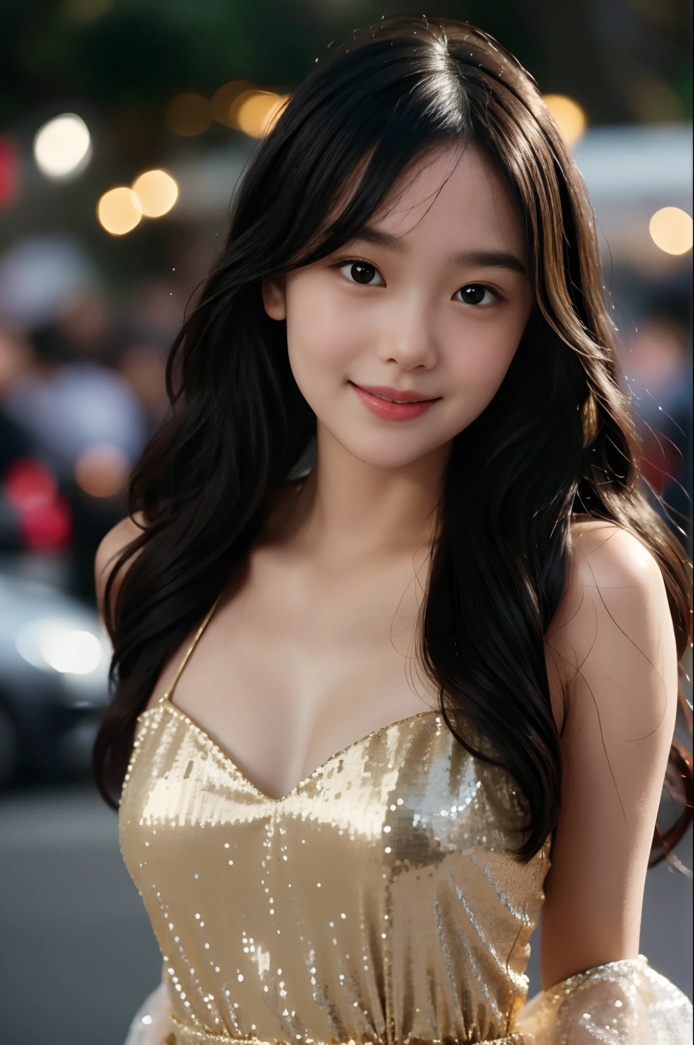 film portrait photography, 1girl, wavy shoulder-length hair (realistic detailed eyes, natural skin texture, realistic face details), soft dramatic lighting, depth of field, bokeh, vibrant details, finely detailed, hyperrealistic, 35mm film, hazy blur, filmg,happy smile, dancing, wearing an elegant black Sequin-Embroidered Evening Gown, moving, universe, Galaxy