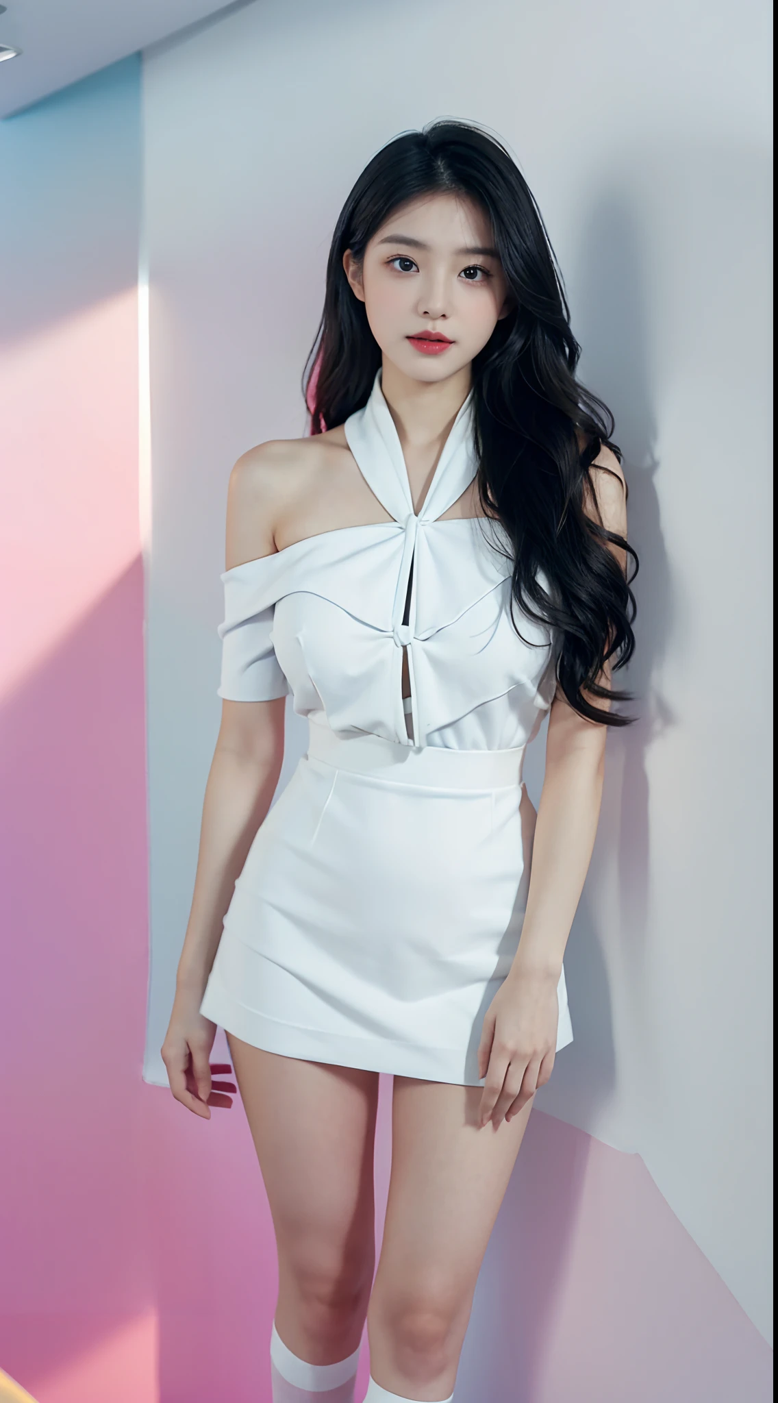 deep in the night,A perfect young female white-collar worker,Chinese big breasts,High picture quality,Works of masters,Black hair,Long hair shawl,Long hair flowing over the shoulders,Beach wave hairstyle,cropped shoulders,鎖骨,exquisite face,Hydrated red lips,((Wear colorful and stylish summer sailor suits))(red colour,blue colors,green color,Violet-orange,In pink,amarelo,Printed clothing),Kurfo,,Colorful pleated skirt,white stockings,Real Human,the night,(White interior wall background:1.5),CG rendering,16k,Stand up,Empty interior,Do not show your hands,Close-up shot