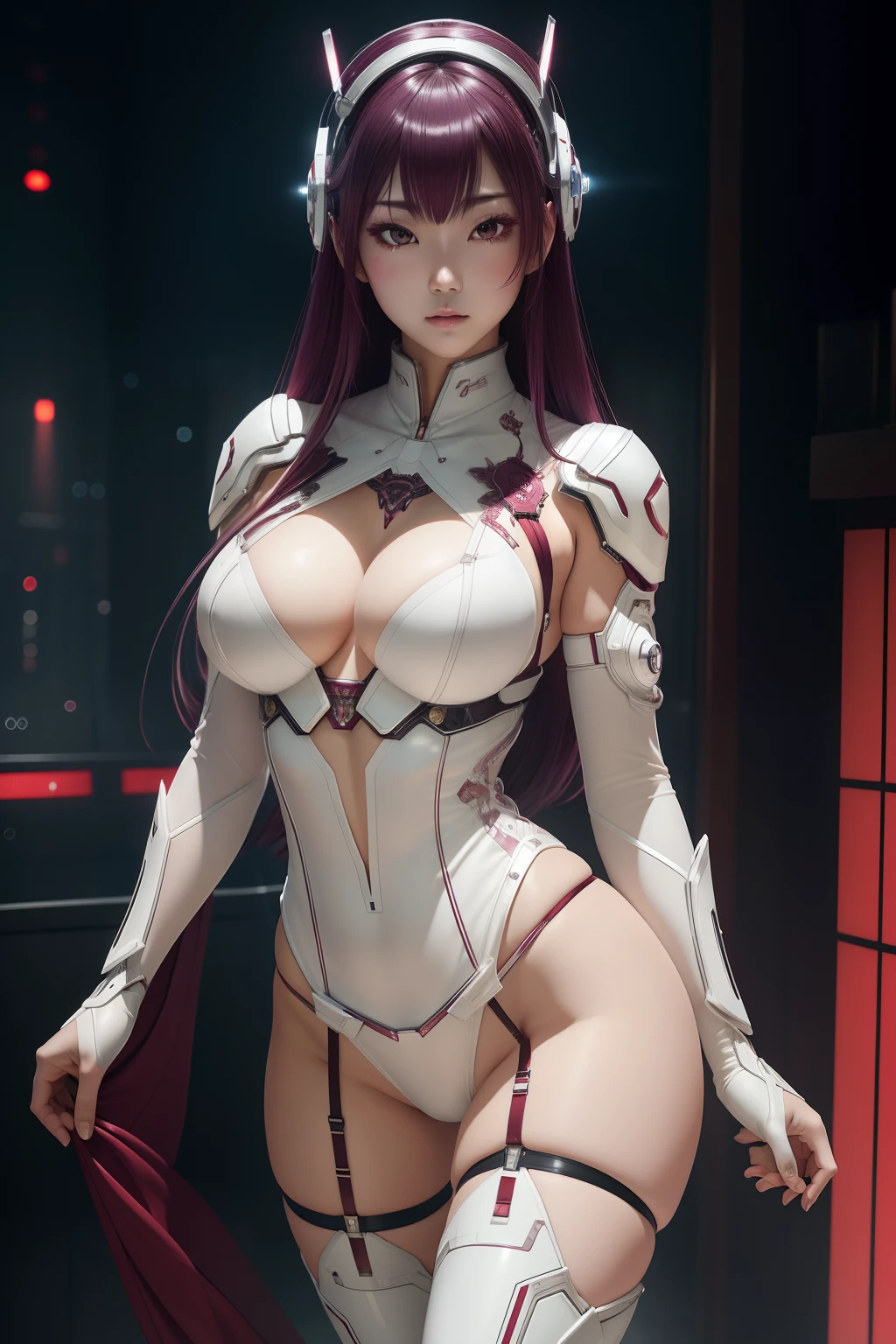 a japanese girl、White costume with cybernetic and metallic luster、Maroon hair、Thigh exposure、 Detailed skin texture, Detailed Cloth Texture, beautifull detailed face, perfect buttocks、(Transparent Panty House), Intricate details, ultra-detailliert, Cinematic lighting, darker shadows.