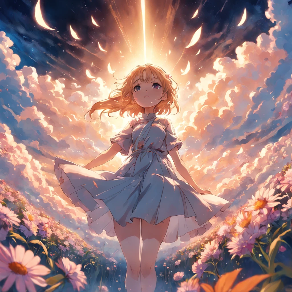 tmasterpiece,best qualtiy,cinematic Film still from,1girl,Cloud Girl,Float on flowers,closeup cleavage,brightly,cheerfulness,Warm and soft lighting,sunraise,(spark of light:0.7)