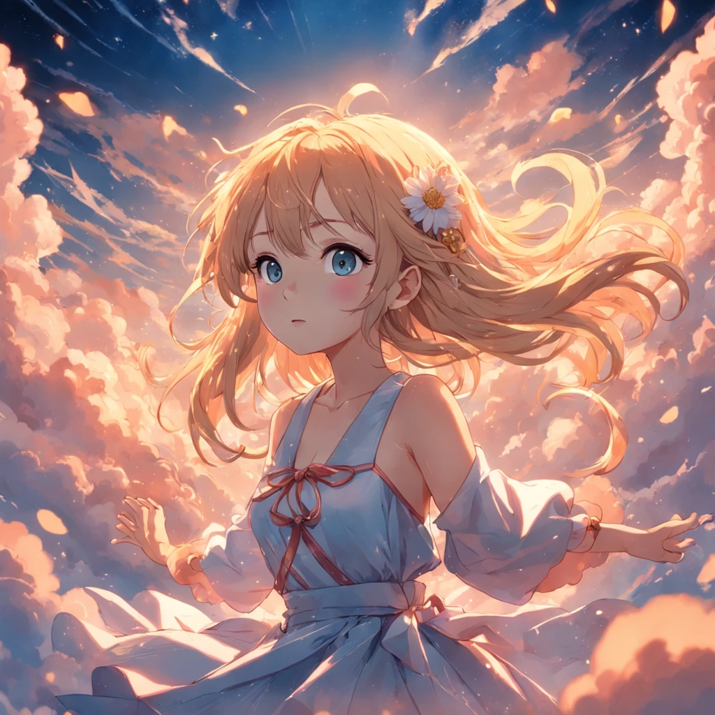 tmasterpiece,best qualtiy,cinematic Film still from,1girl,Cloud Girl,Float on flowers,closeup cleavage,brightly,cheerfulness,Warm and soft lighting,sunraise,(spark of light:0.7)