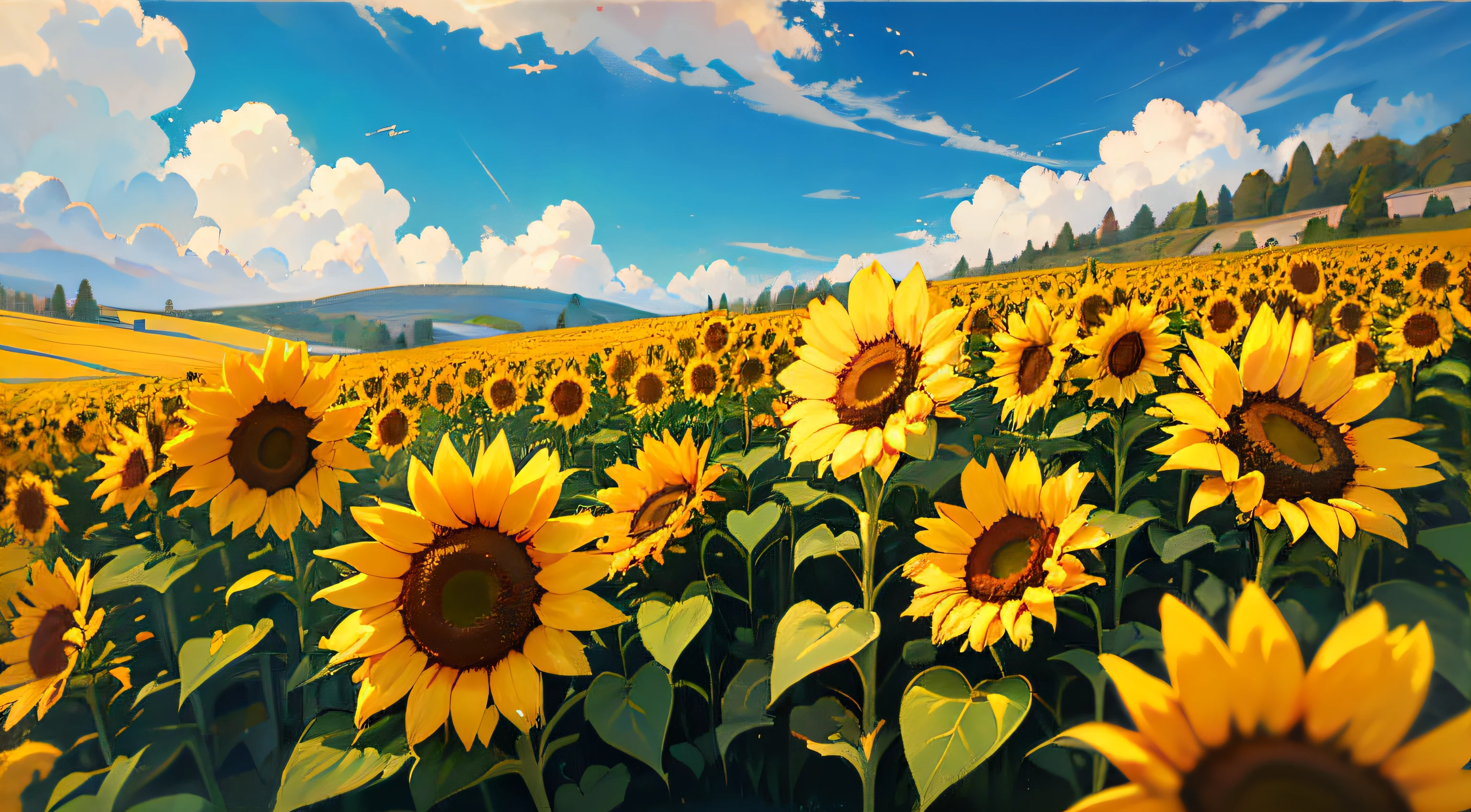 A golden wheat field，The orange straw sways gently with the breeze，Bees are busy collecting honey among the flowers，From the fields came the sound of chirping and cicadas，Sunlight pours through the gaps in the clouds，Blooming sunflowers shine brightly，The blue sky and white clouds are so fresh and pleasant，All the beauty put together，The result is a heart-warming idyllic painting