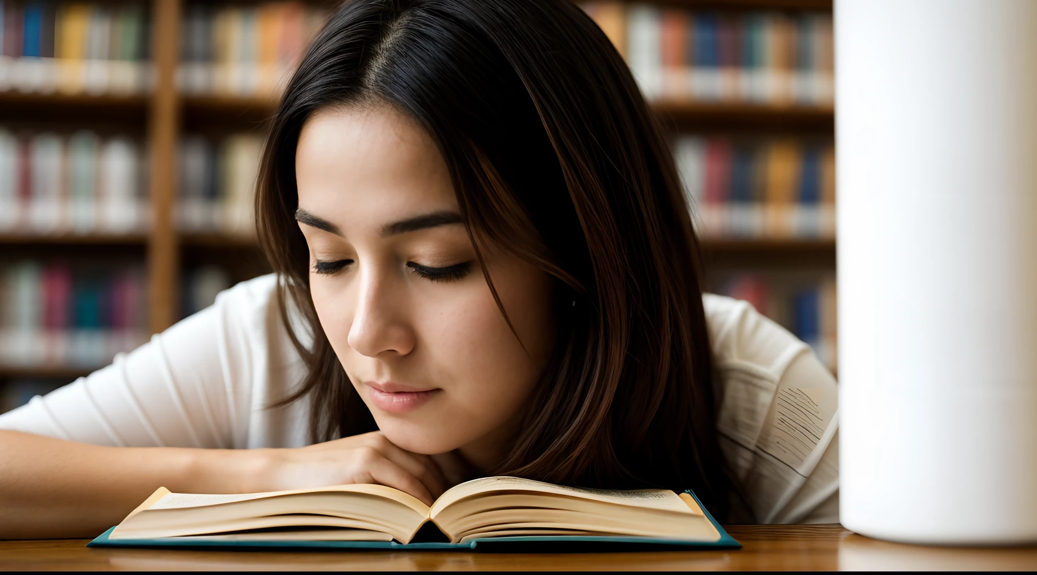 instagram photo, closeup face photo, A thought-provoking capture of a woman reading in a quiet library corner, her connection to the written word an intimate experience, Sony A9 II with 35mm f/1.8 lens, soft ambient light, reflective photography