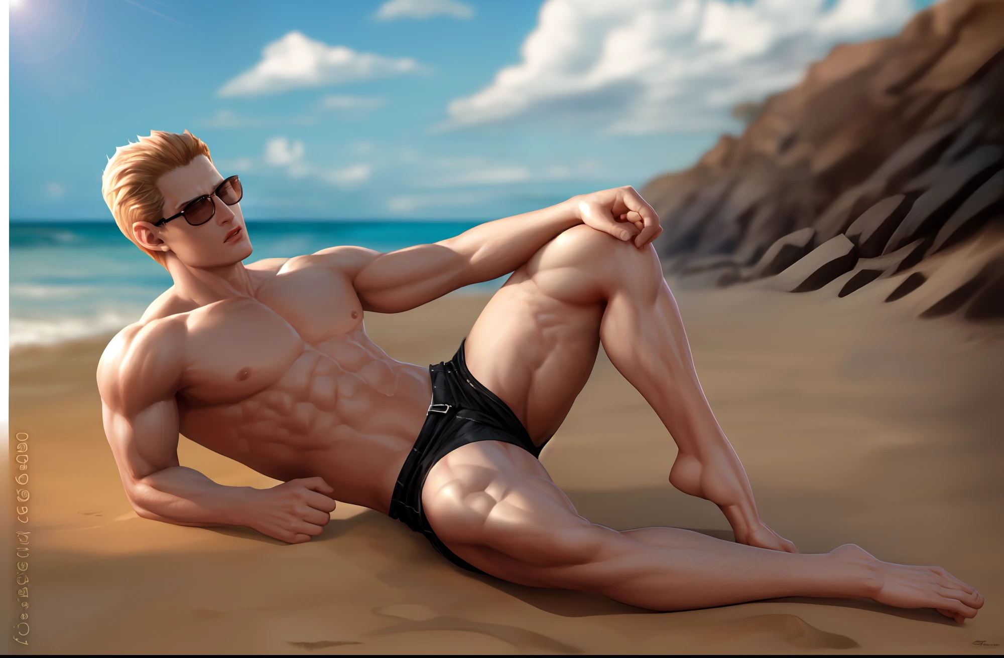 wesker, shirtless:1.1, toned, slim, black shorts, outside, at the beach, vibrant lighting, modeling, shirtless, sandy beach