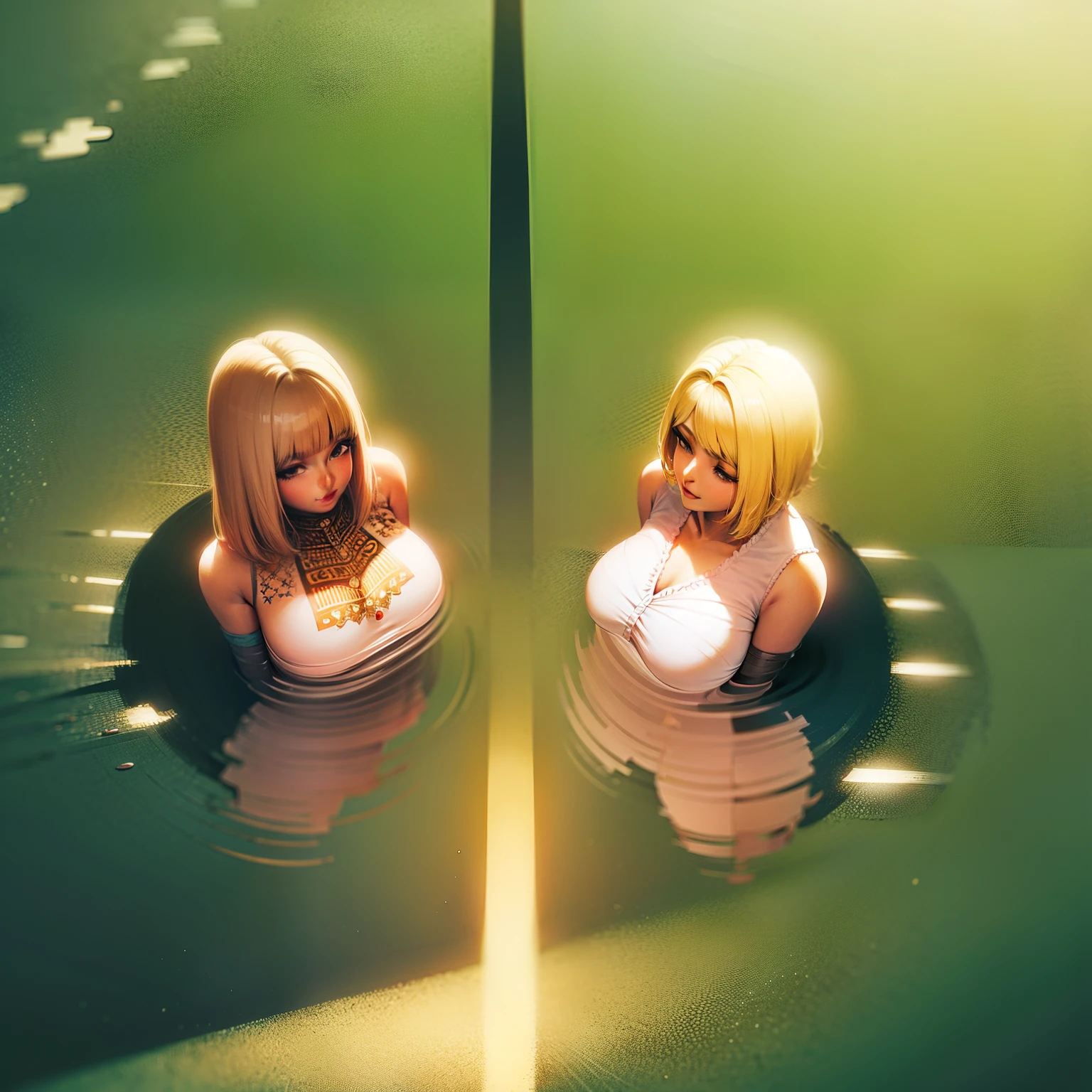 Super detailed Lino art, Blonde woman with short hair, Blonde woman, The sun is creating shadows and reflections