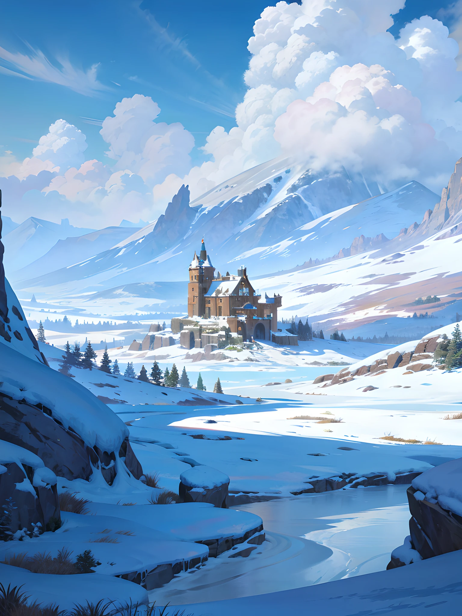 snowy landscape，There is a castle on the hill, Arte conceitual de inverno, painterly concept art, painted as a game concept art, arte de fundo, Stunning! concept-art, digital painting concept art, silvain sarrailh, beautiful concept art, inspired by Andreas Rocha, author：Alexander Jean, Snowy plains, magical fantasy 2 d concept art