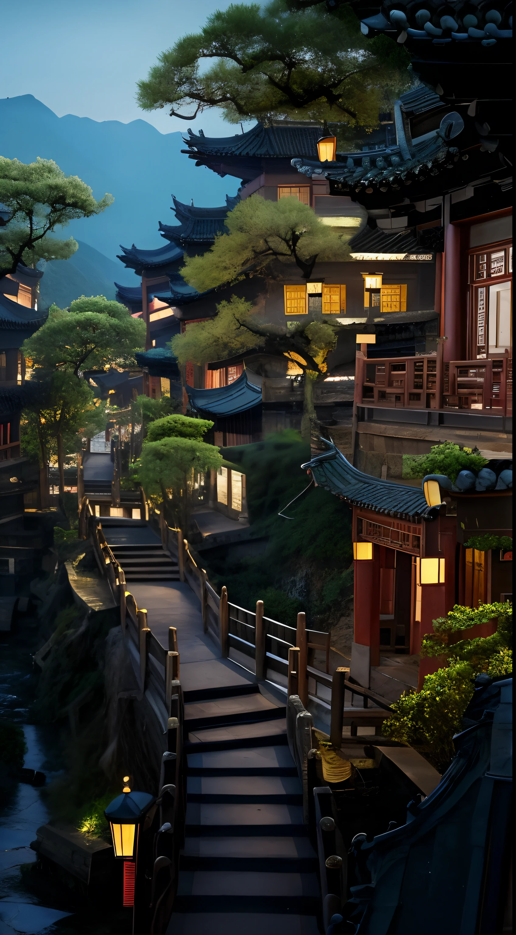 Close-up of the walkway leading to a building near the river, Lush Chinese landscape, Chinese Village, Classical Chinese architectural style, Inspiration for ancient Chinese architecture, Ancient Chinese architecture, Magical environment, Chinese mountain town at night, ancient Chinese town, Chinese-style architecture, Town at night,The picture is detailed,Cinematic effects,8K high-definition