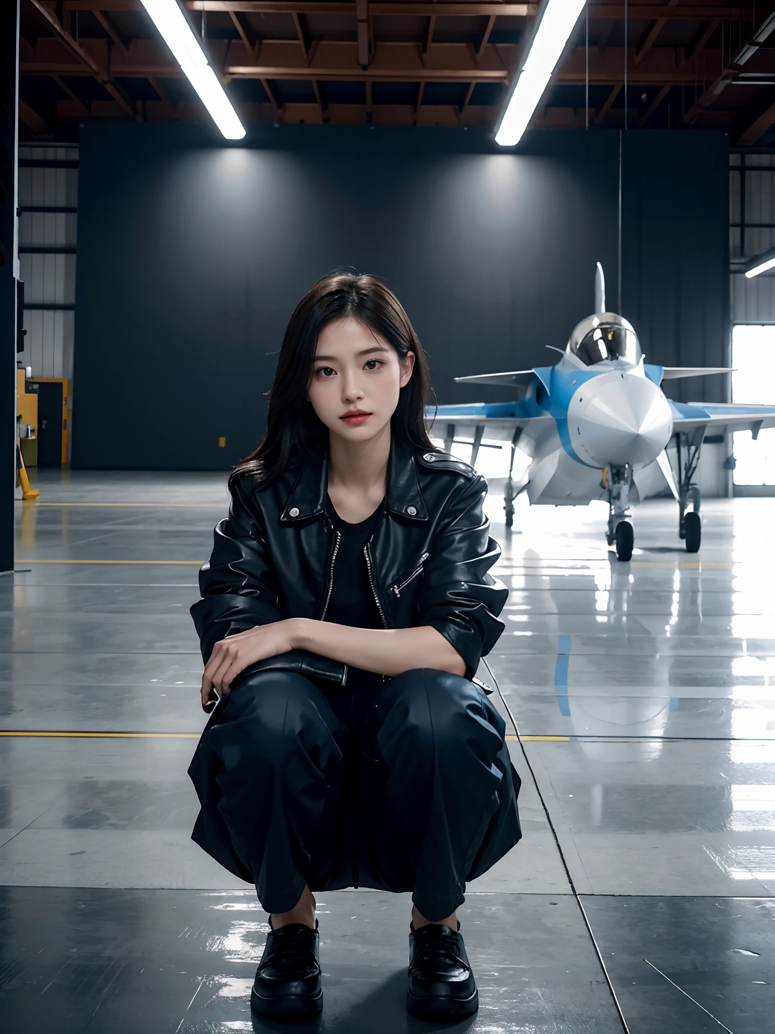 ((smallunderboob,Tomboyish,small heads)), (Well-defined abs: 1.1), (perfect bodies: 1.1), (short-length straighthair: 1.2), Black hair, upper body photos,，（极其细致的CG 8k壁纸），（Extremely refined and beautiful），（tmasterpiece），（best qualtiy：1.0），（超高分辨率：1.0），beautiful light up，Perfect lightning，realistic shaded，[A high resolution]，Smooth and flawless fair skin，ultra - detailed ，Elongated legs，flatchest，Slim，emaciated，Female repairman，In the hangar of the fighter，Spacious hangar，during night，Dim light，Huge Su-27 fighter，Under the wing of the fighter，Next to the landing gear of the fighter，Next to the tires，Squat，Wear dirty white gloves on both hands，With a large wrench in his hand，Repair work is underway，Dark blue cloth jacket，Dark blue cloth trousers，Flat black cloth shoes