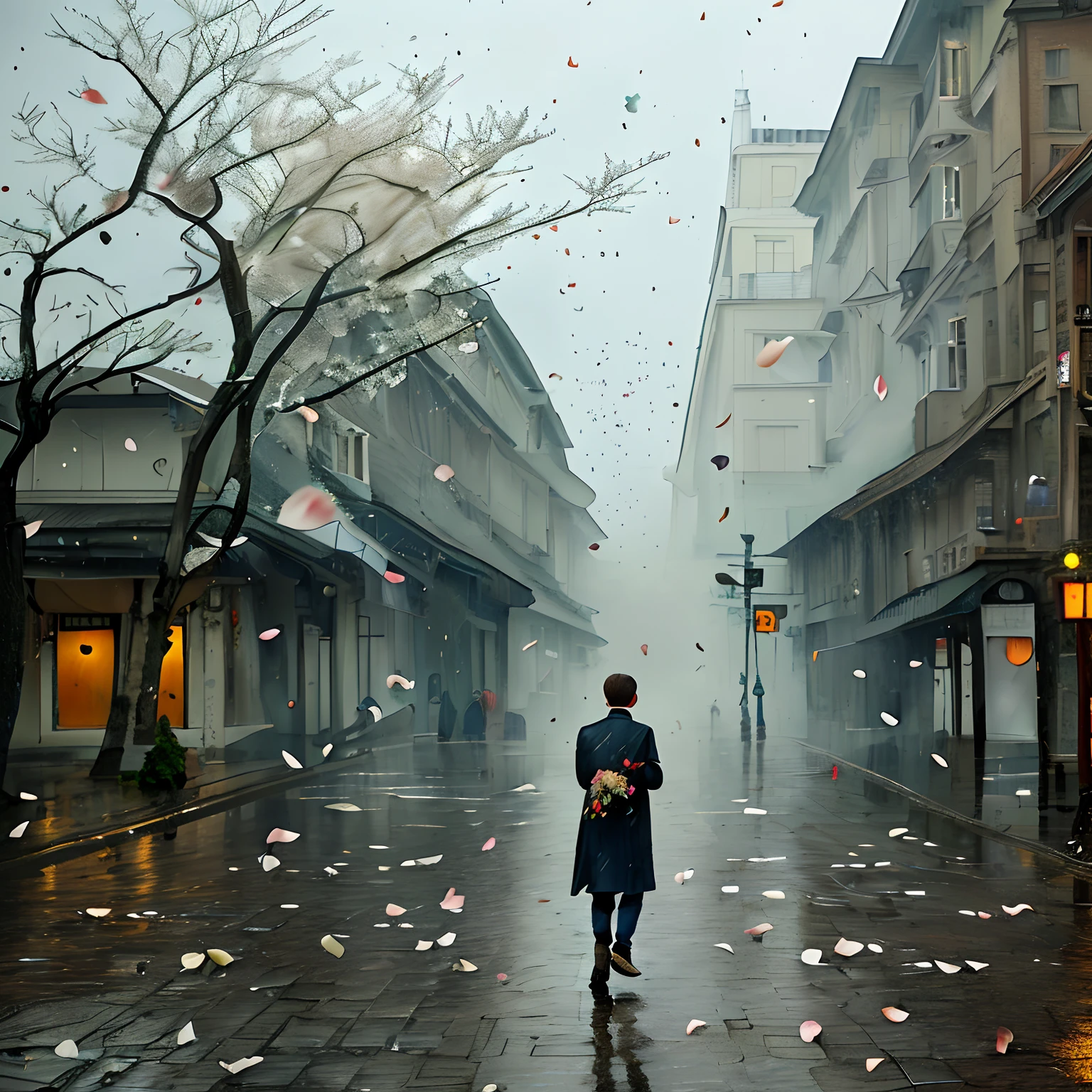 republic,A street a hundred years ago,Rain,There is standing water on the ground,Osmanthus trees blooming on the side of the road,falling flower petals,thin fog。Long-haired boy,Back-to-back,Look at the end of the street,Wounded。