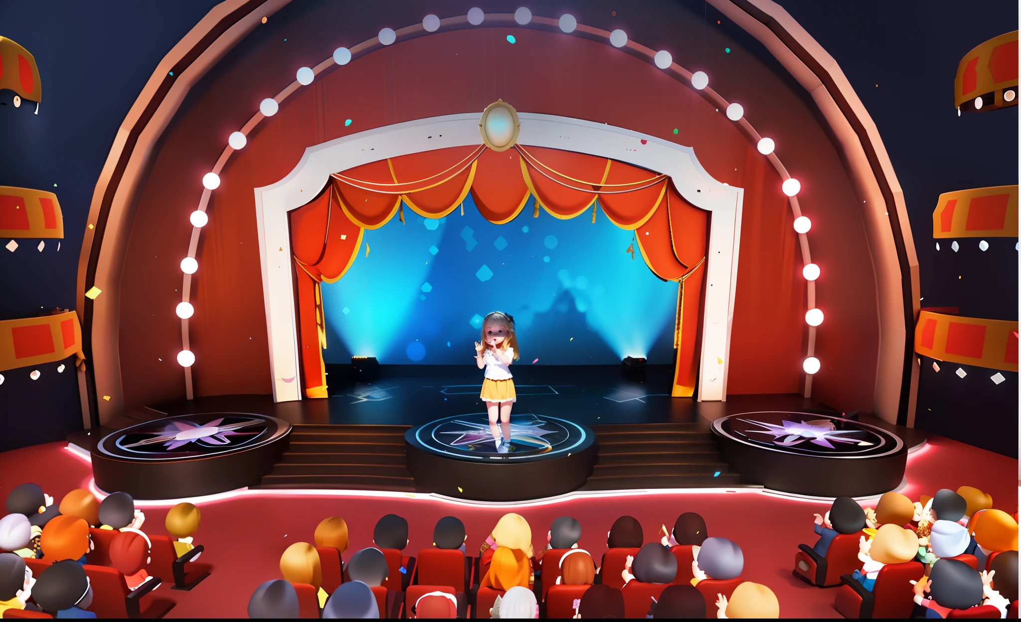 The beautiful face of the girl in the middle of the stage,Big round eyes,pink face,The expression is beautiful and cute ,。.。.3D Pixar animation style,tmasterpiece, best qualityer, ultra - detailed, Lori blonde girl, The smile is bright,long skirt, full bodyesbian, moderno, modern day,Opera house stage scene,The auditorium was packed,inside in room,ssee-through,A crowd of spectators sat in their seats,Face away from the camera, Beautiful lighting and ambient light,Pastel tonal background , Extremely colorful,。.。.3D Q style,tchibi,A cinematic scene,Super details romantic soft focus and ethereal light,The sun shines on it,A cinematic scene,full bodyesbian。.。.3D artwork,blur backgroun,romantic soft focus and ethereal light,The sun shines on it,A cinematic scene,super detailing,pix: 2 style,Pope Martin,movie light effect,brightly,OC renderer,C4D,。.。.3D,blender,8K,4K,Warm colors --NIJI 5 -- --q 2,