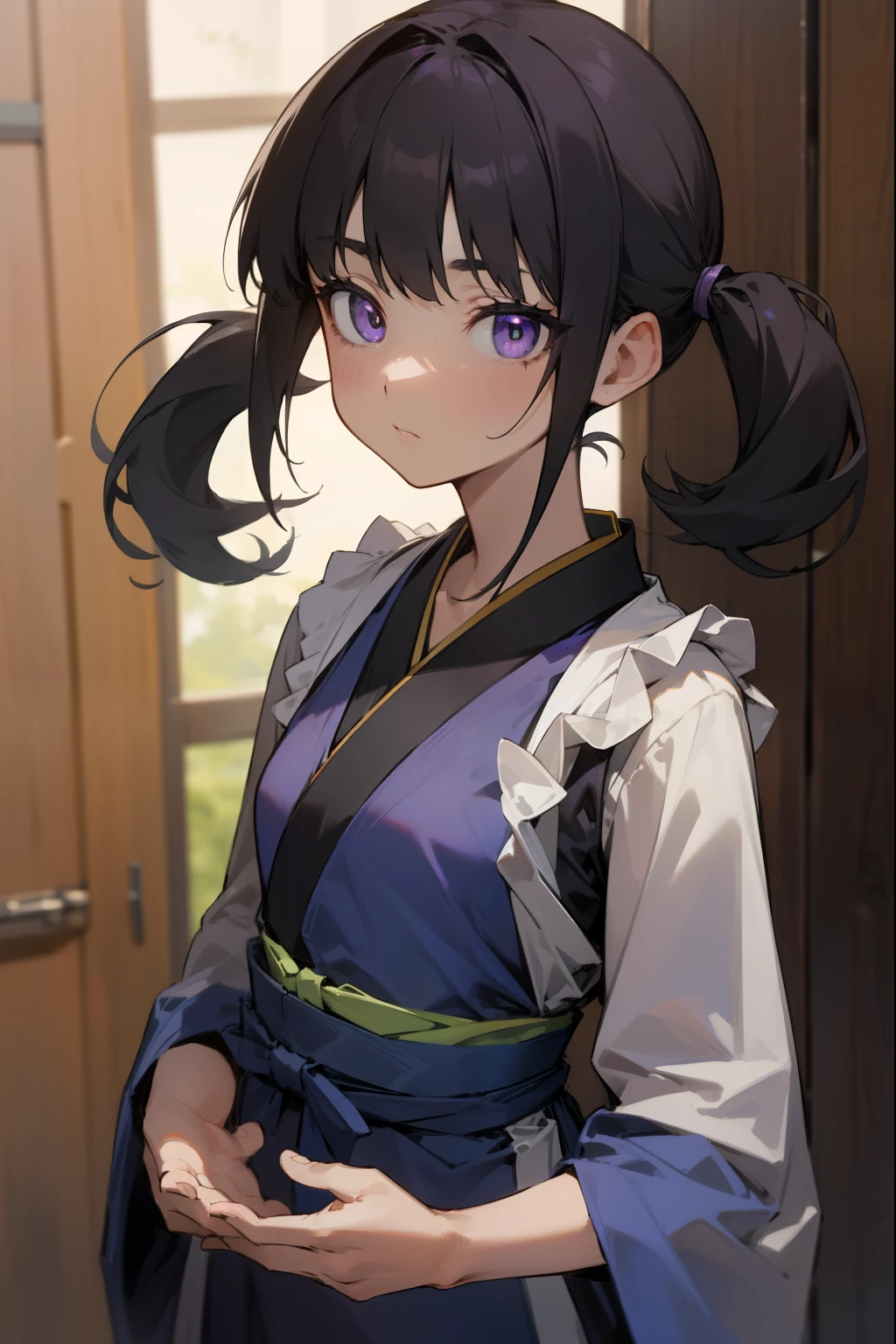 takinainoue, inoue takina, long hair, bangs, black hair, twintails, (purple eyes:1.2), (small breast:1.2), BREAK japanese clothes, kimono, apron, waist apron, blue kimono, waitress, BREAK indoors, BREAK (masterpiece:1.2), best quality, high resolution, unity 8k wallpaper, (illustration:0.8), (beautiful detailed eyes:1.6), extremely detailed face, perfect lighting, extremely detailed CG, (perfect hands, perfect anatomy),