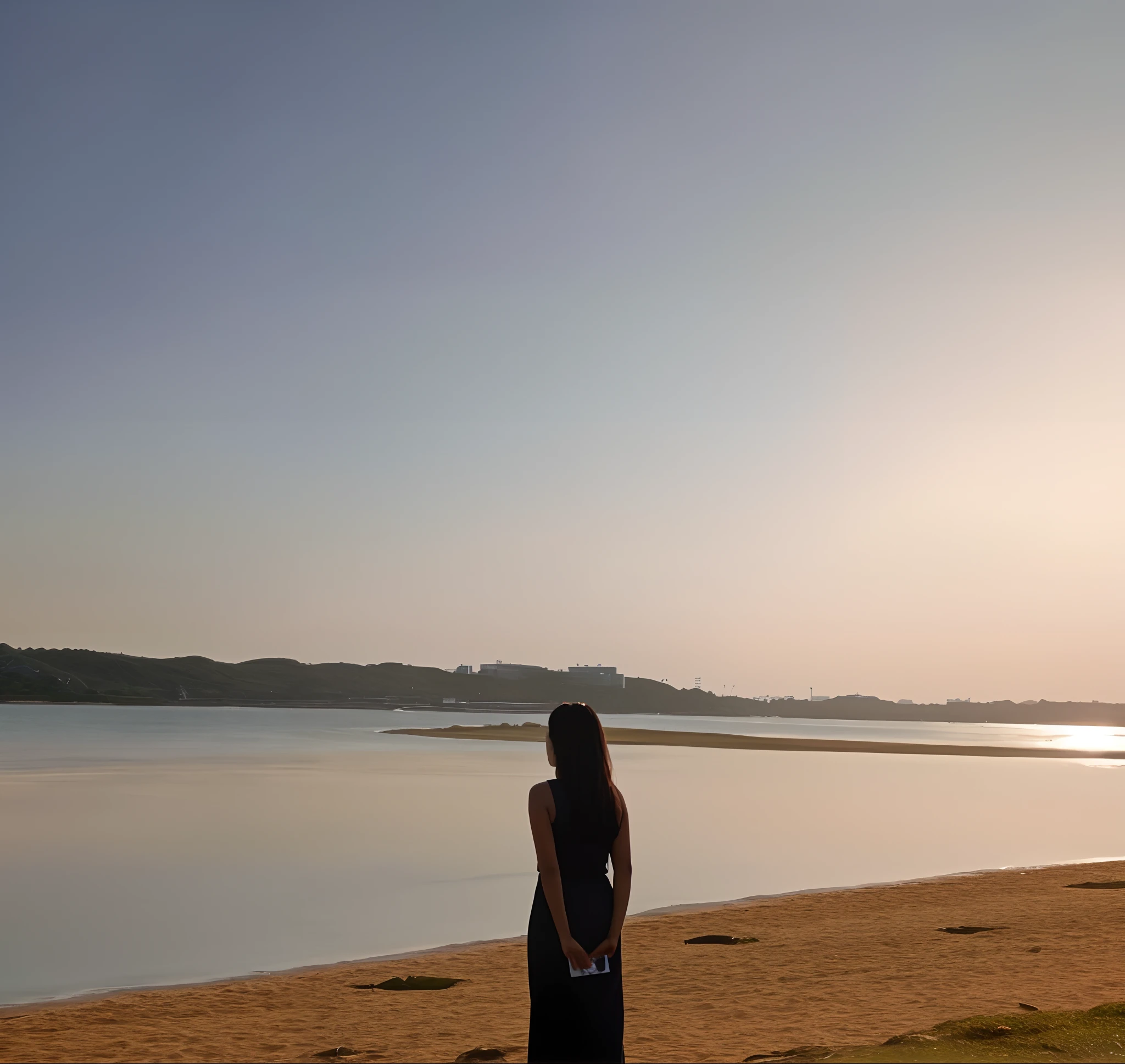 Alatei stands on the beach looking out over the water, photo taken with canon 5d, taken with canon eos 5 d, panoramic view of girl, taken with a canon eos 5d, taken with a canon eos 5 d, shot at golden hour, beautiful girl on the horizon, With sunset, taken with canon eos 5 d mark iv
