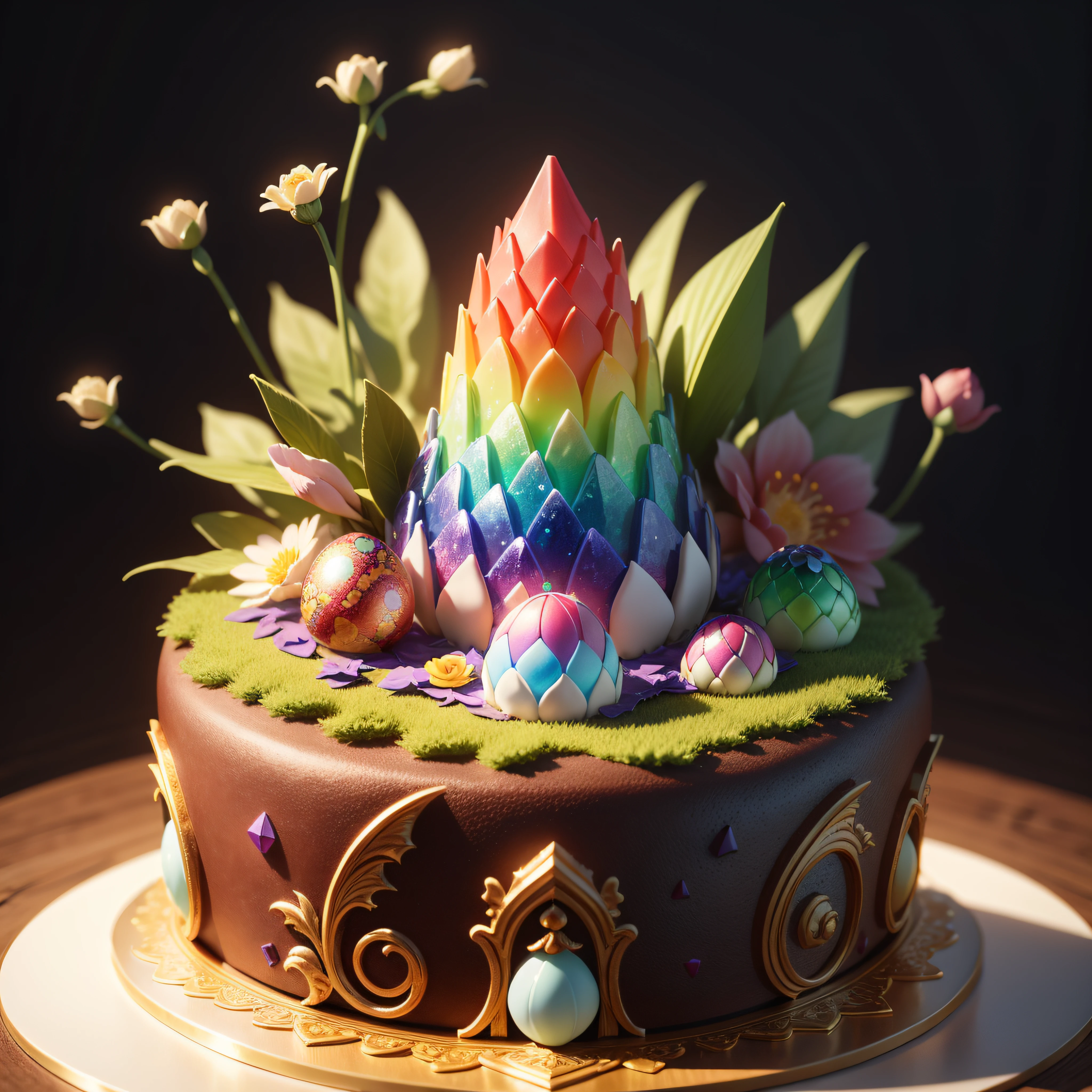 fanciful,。.。.。.。.3D,A cake made from colorful dragon eggshells,Colorful crystal dragon,It is surrounded by water-fed fruits and flowers