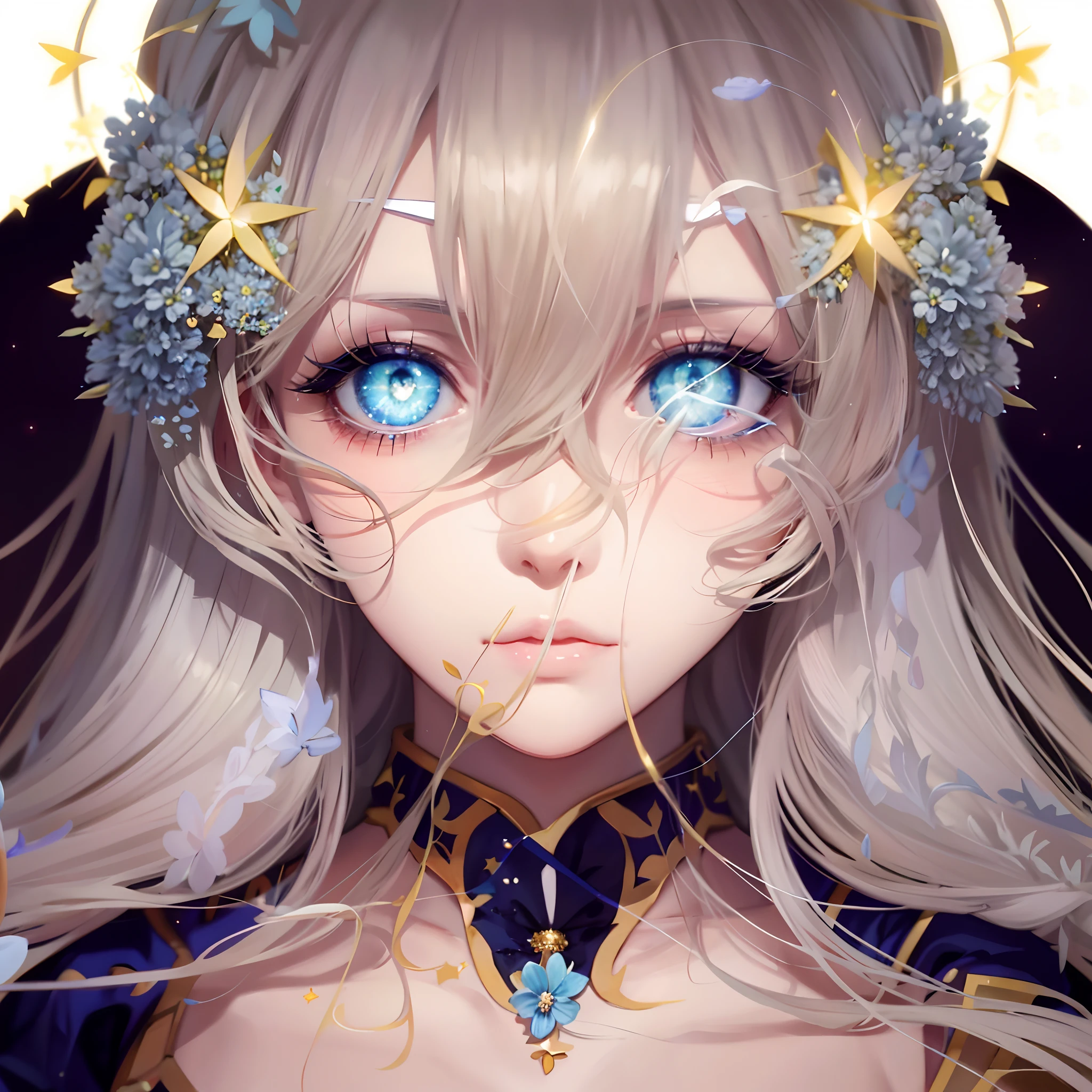 Anime girl with blue eyes and blonde hair，There are stars in the hair, Detailed digital anime art, Stunning anime face portrait, detailed portrait of an anime girl, detailed anime art, a beautiful anime portrait, 8K high quality detailed art, Digital anime art, Anime fantasy illustration, advanced digital anime art, Anime art wallpaper 4k, Anime art wallpaper 4 K, Detailed anime artwork