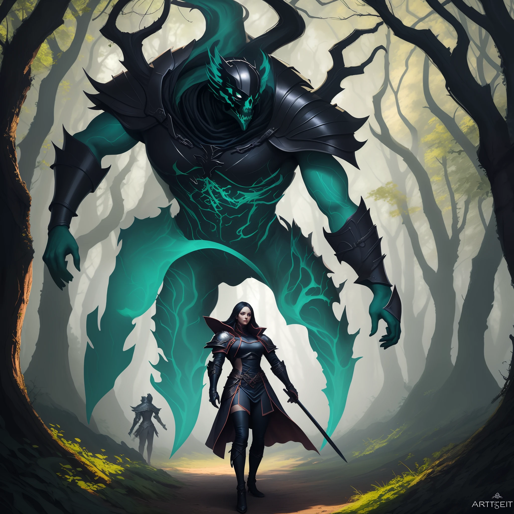 Death in a dark forest with a green sword and armor, but not a skeleton, in full height, artgerm