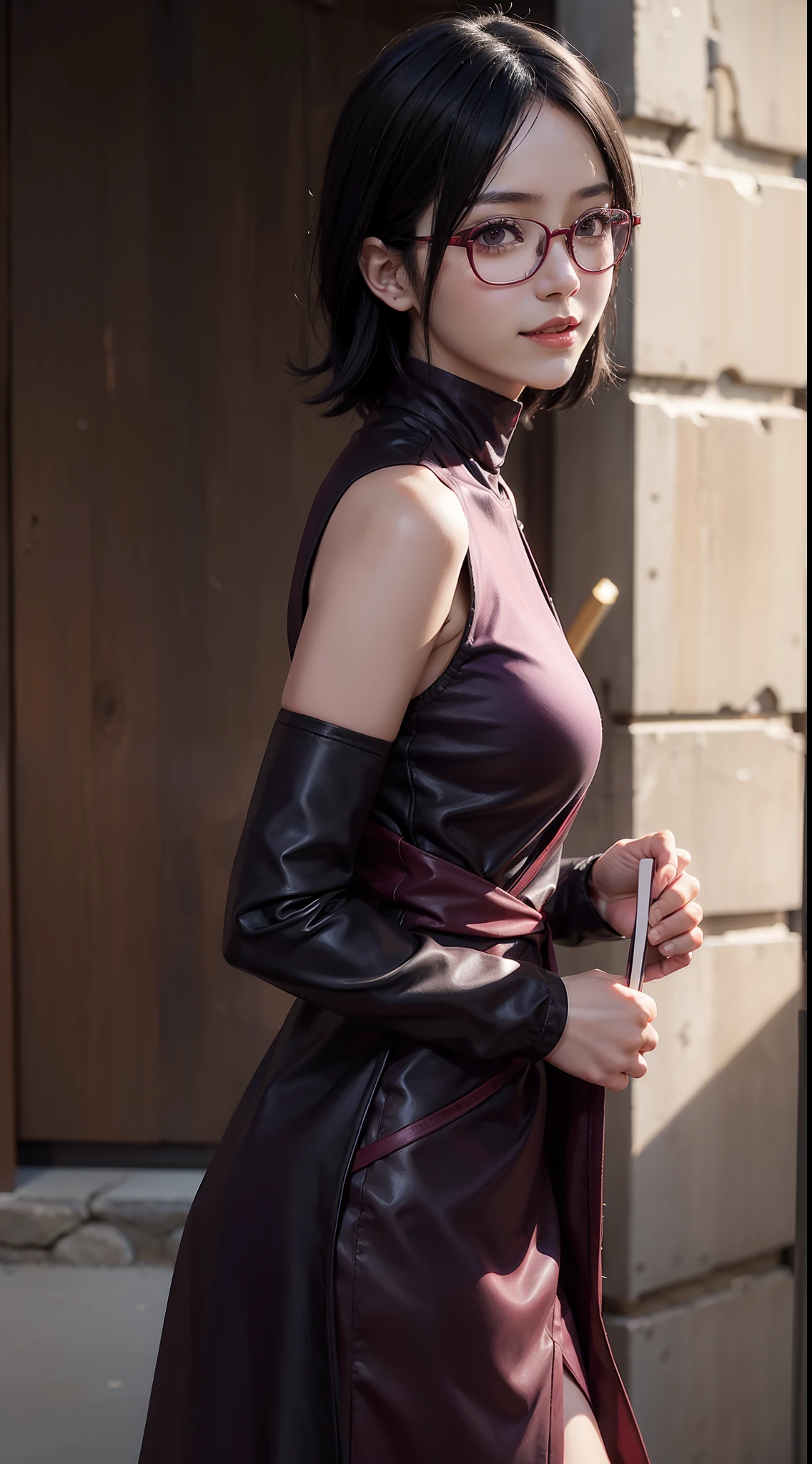 1girl, uchiha sarada in anime boruto, short hair, black hair, brown eyes, wearing red glasses, smile, beautiful, sexy clothes, sexy dress, black clothes, very big breast, realistic clothes, purple clothes, outdoor background, ultra detail, realistic