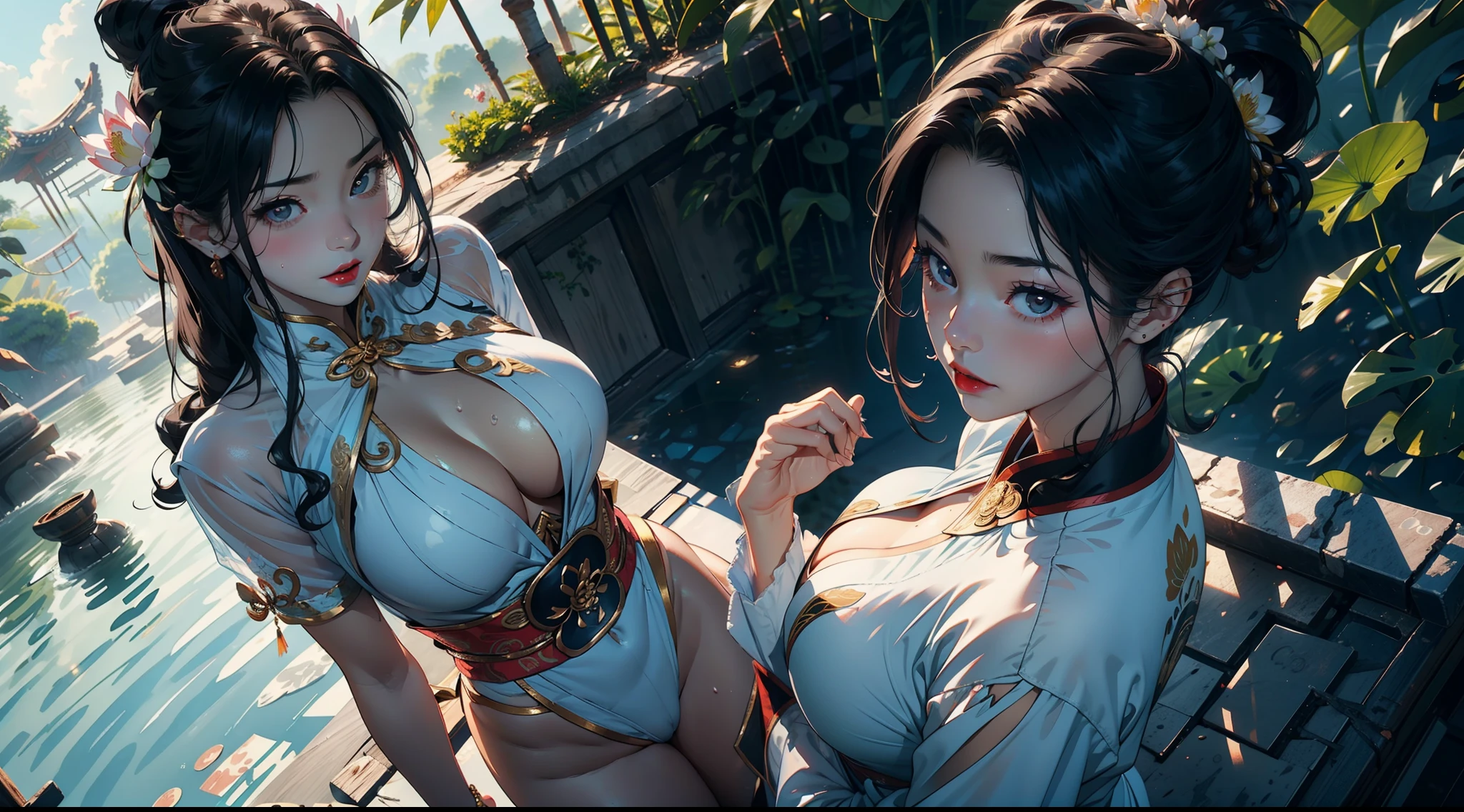 5 women,36 years old,熟妇,mature,Bigchest,Big breasts Thin waist,long leges,Raised sexy,Pornographic exposure, 独奏,Multiple women standing side by side(Background with:Surrounded by lotus flowers,bamboo forrest,Lotus pond) She has short black hair,Sweat profusely,drenched all over the body,seen from the front, hair straight, mostly cloudy sky,(((tmasterpiece),(Very detailed CG unity 8K wallpaper),best qualtiy,cinmatic lighting,detailed back ground,beatiful detailed eyes,Bright pupils,(Very fine and beautiful),(Beautiful and detailed eye description),Black eyes,Redlip,ultra - detailed,tmasterpiece,)),facing at camera,(The upper part of the body),A high resolution,ultra - detailed),revealing breasts,Bare genitalia, Bulge,legs are open,sexyposture,Camel toes,Flushed complexion,Open-mouthed,frontage,gallant woman,Wuxia style,A ball head,Lotus hair ornaments(Wearing:White transparent cheongsam)The lens goes from top to bottom