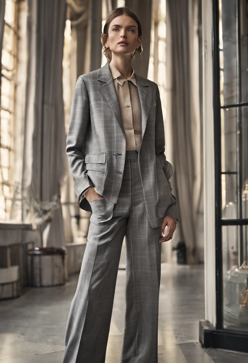 Autumn and winter cashmere undershirt,Upper body transparent,Gray checked suit,flowing shimmering fabrics,Gray top with wide-leg trousers,Subtle beige tones,Inspired by Ralph Lauren