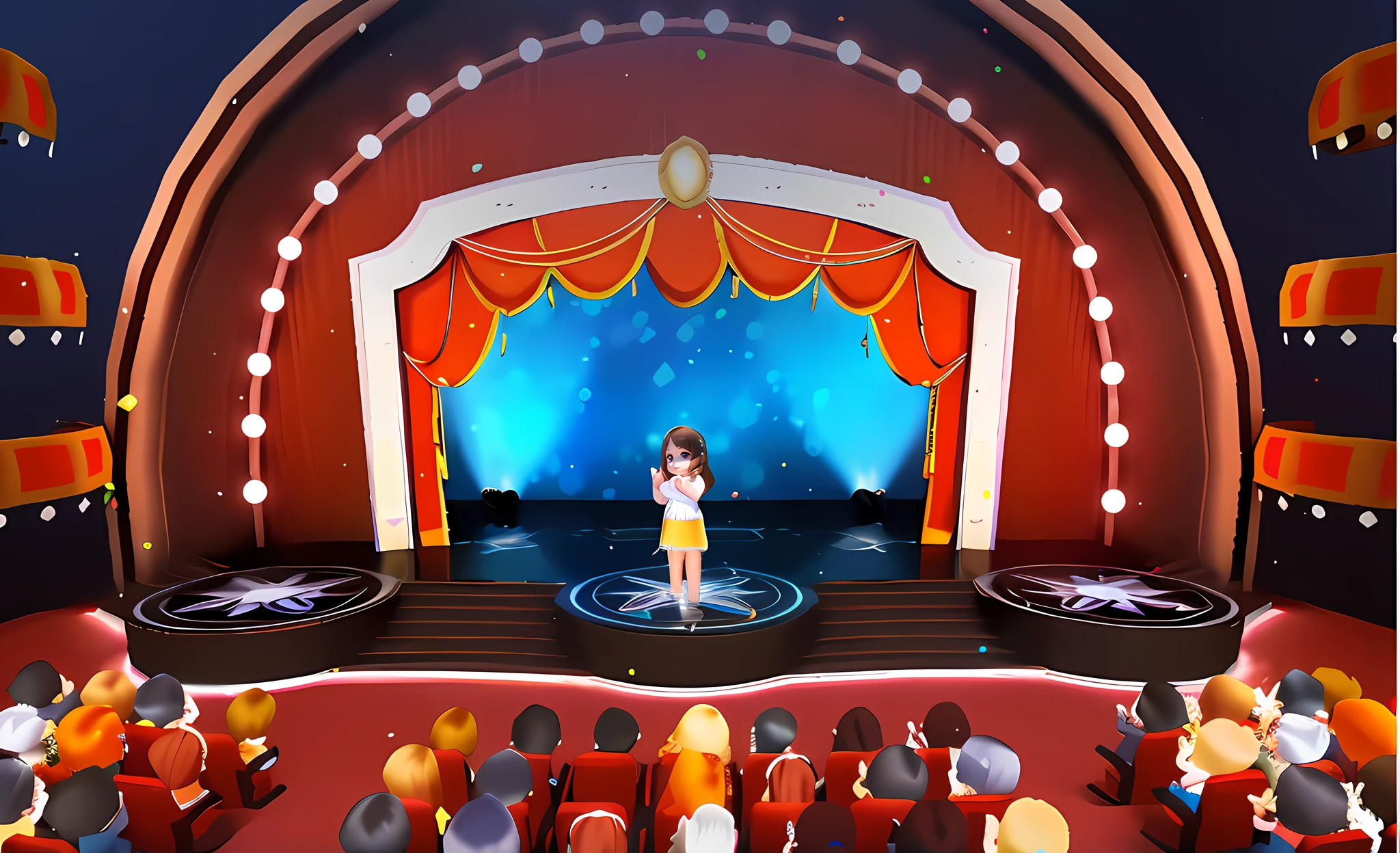 The beautiful face of the girl in the middle of the stage，Big round eyes，pink face，The expression is beautiful and cute ，。.。.3D Pixar animation style，tmasterpiece， best qualityer, ultra - detailed, Lori blonde girl, The smile is bright，long  skirt, full bodyesbian, moderno, modern day，Opera house stage scene，The auditorium was packed，inside in room，ssee-through，A crowd of spectators sat in their seats，Face away from the camera， Beautiful lighting and ambient light，Pastel tonal background , Extremely colorful，。.。.3D Q style，tchibi，A cinematic scene，Super details romantic soft focus and ethereal light，The sun shines on it，A cinematic scene，full bodyesbian。.。.3D artwork，blur backgroun，romantic soft focus and ethereal light，The sun shines on it，A cinematic scene，super detailing，pix： 2 style，Pope Martin，movie light effect，brightly，OC renderer，C4D，。.。.3D，blender，8K，4K，Warm colors --NIJI 5 -- --q 2，