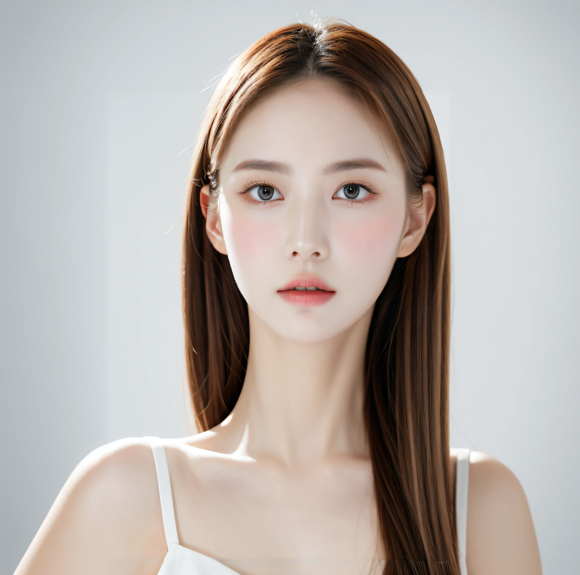 upper body,solo focus,1girl, 1woman, korean girl, very beautiful face, (photo realistic:1.4),(masterpiece, 4K, best quality, ultra detailed),studio shoot,pictorial,photography,realistic eyes, Ultra-Detailed Face, Detailed Lips, normal hand, glossy lips, glossy face, simple background, photoshoot for skincare brand, diffused natural skin glow, smooth porcelain skin, clean face and body skin, skincare, white porcelain skin, smooth translucent white skin, pale milky white porcelain skin, portrait sophie mudd