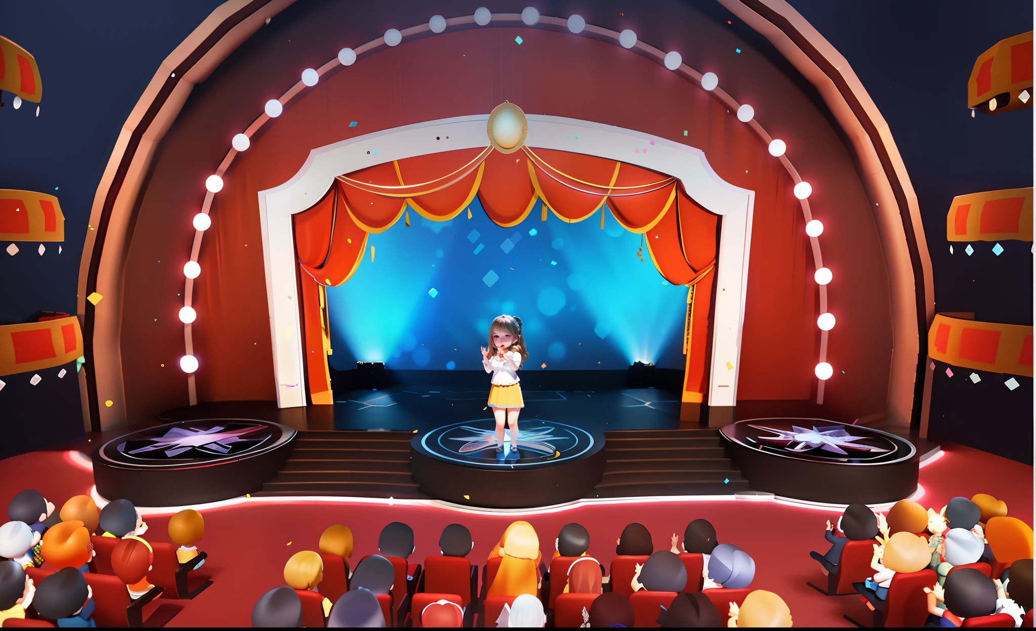 The beautiful face of the girl in the middle of the stage,Big round eyes,pink face,The expression is beautiful and cute ,。.。.3D Pixar animation style,tmasterpiece, best qualityer, ultra - detailed, Lori blonde girl, The smile is bright,long skirt, full bodyesbian, moderno, modern day,Opera house stage scene,The auditorium was packed,inside in room,ssee-through,A crowd of spectators sat in their seats,Face away from the camera, Beautiful lighting and ambient light,Pastel tonal background , Extremely colorful,。.。.3D Q style,tchibi,A cinematic scene,Super details romantic soft focus and ethereal light,The sun shines on it,A cinematic scene,full bodyesbian。.。.3D artwork,blur backgroun,romantic soft focus and ethereal light,The sun shines on it,A cinematic scene,super detailing,pix: 2 style,Pope Martin,movie light effect,brightly,OC renderer,C4D,。.。.3D,blender,8K,4K,Warm colors --NIJI 5 -- --q 2,