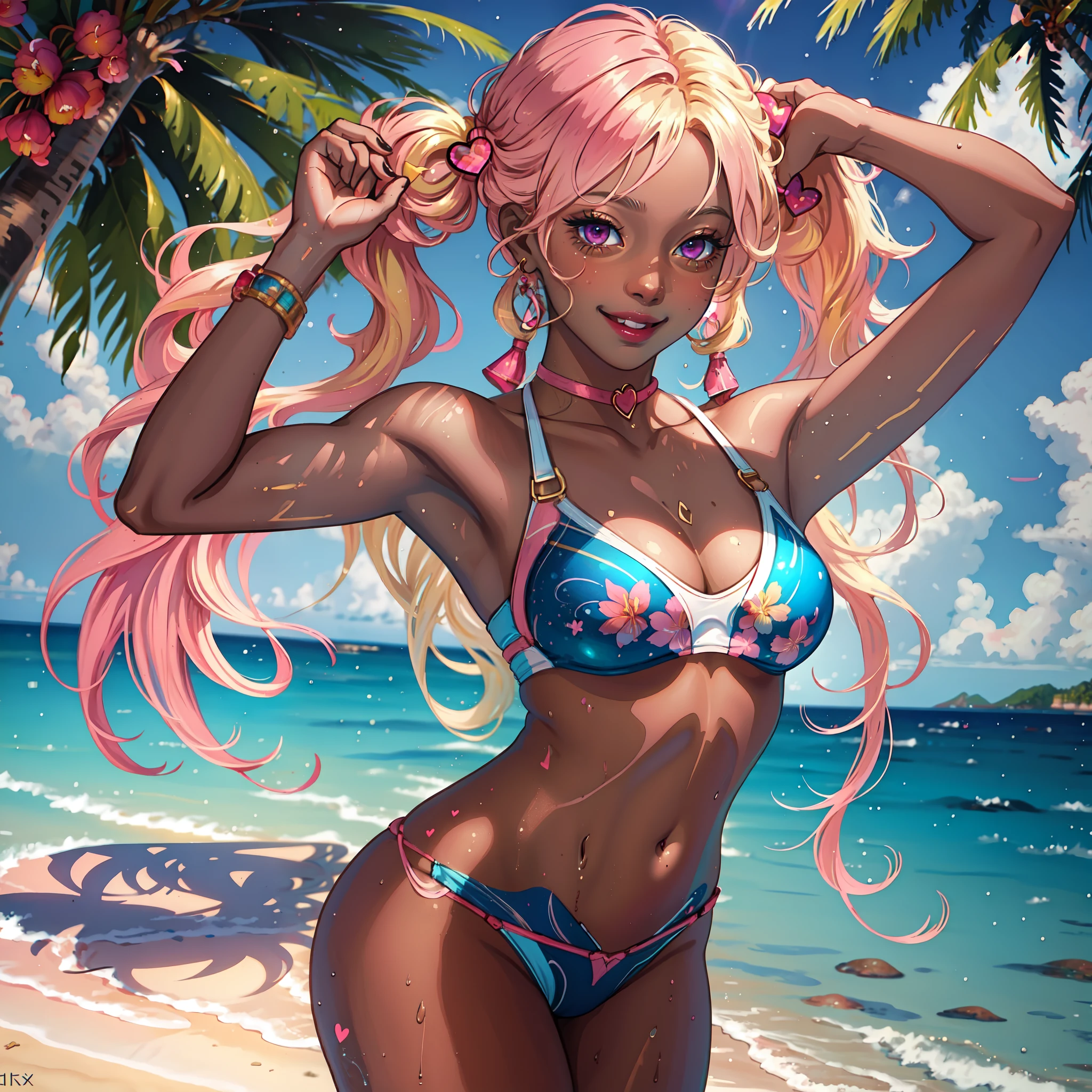 ((1 girl)), (masterpiece), (mocha skin), dynamic posing++, bathing suit, tropical, nsfw+++, pigtails++,sexy, 1 girl+, pink eyes++, juicy lips++, full lips++, hearts++, ,long blonde hair with blue highlights with dark skin+++, honey eyes++, galaxy eyes++, beach background++, big boobs+++, thick thighs++, small waist+++, happy++, smiling++,