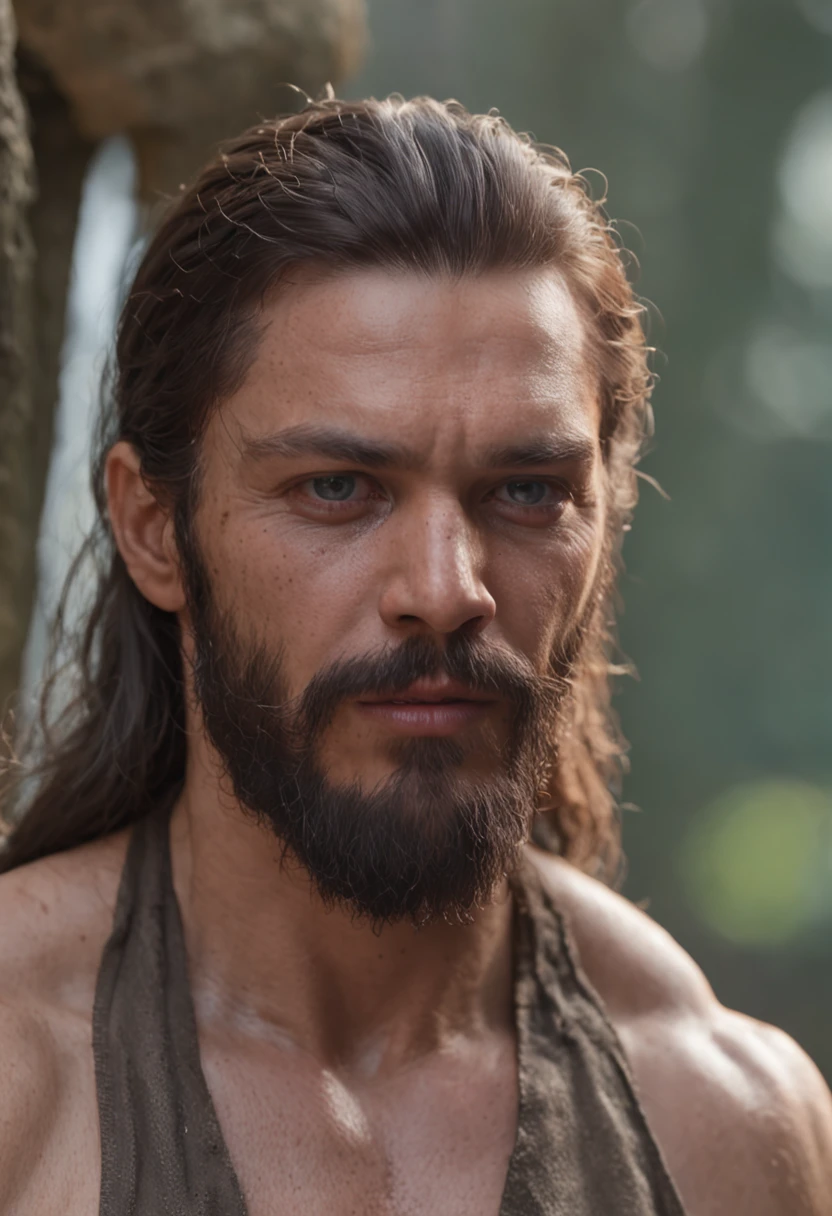 of a real，Facial features are carefully depicted，Realistic skin texture，中景 the scene is，Bushy barbarian bearded uncle，（male people：1.4），(There is a scar on the face:1.5)，Open-mouthed，closeup cleavage，head portrait，Pout，Blue eyes，Short-cut hair of maroon color，Dark style，depth of fields，dynamic blur，high light，Real light，Ray traching，oc rendered，Hyper-realistic，best qualtiy，8K，Works of masters，super-fine，Detailed pubic hair，Correct anatomy，sharp focus on eyes，Bokeh，Facial features are carefully depicted